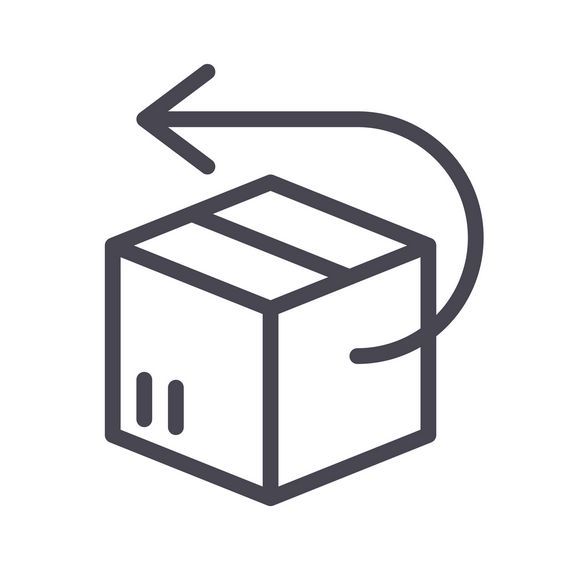 Line icon of a cardboard box with return arrow indicating package return.