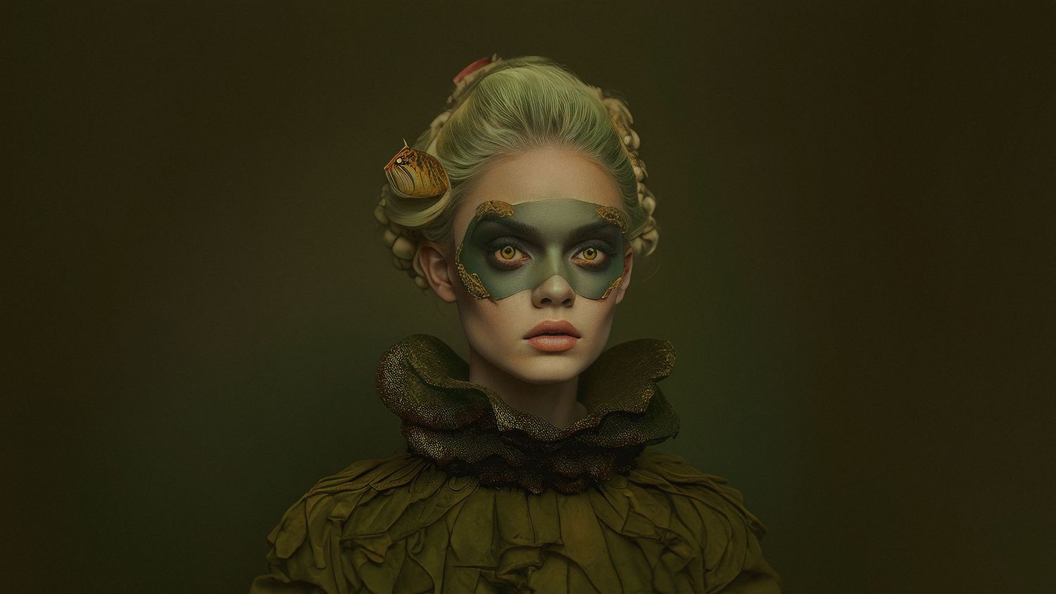 Baroque-style portrait with green mask and vintage ruffled collar against dark background.