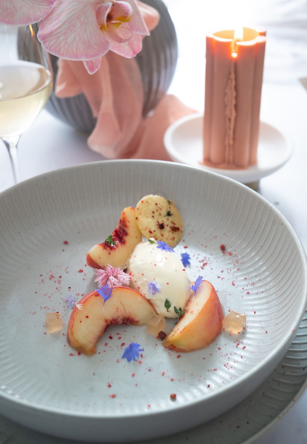 Mousse, creme fraiche, white peach, dessert styling, plated dessert, melbourne photographer, valentines recipe, date