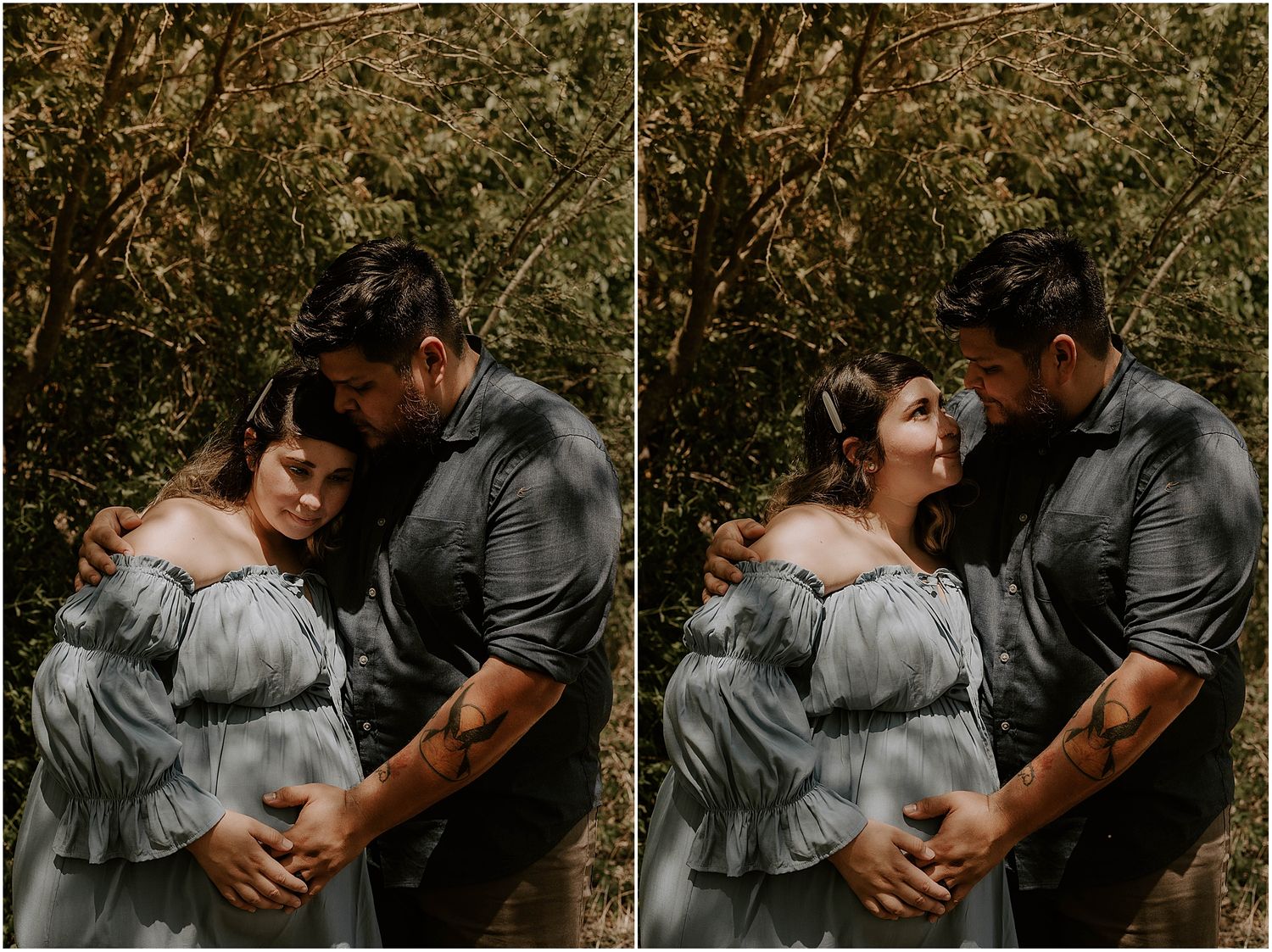 Side-by-side maternity photos showing tender moments between expectant couple in natural setting.