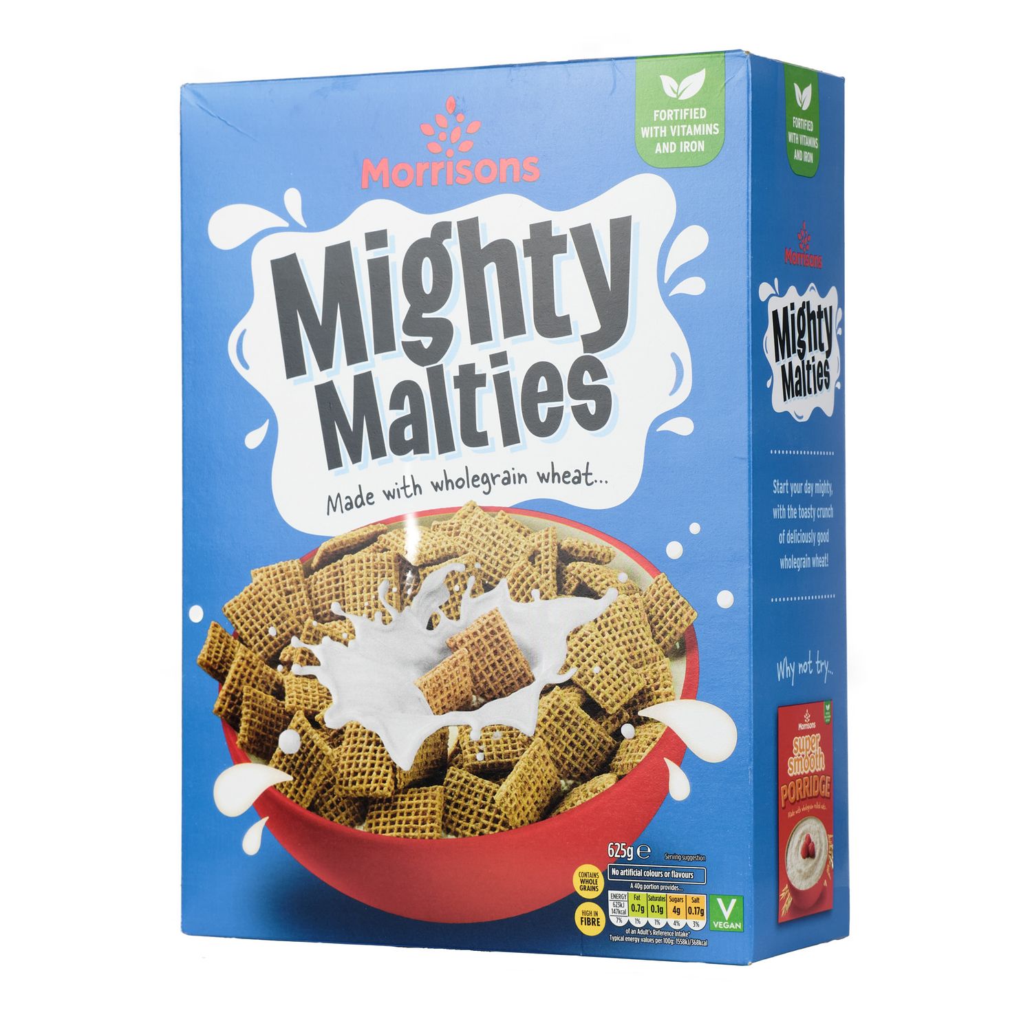 e-Commerce packshout of Mighty Malties. Upward looking 3/4 angle on pure white background.