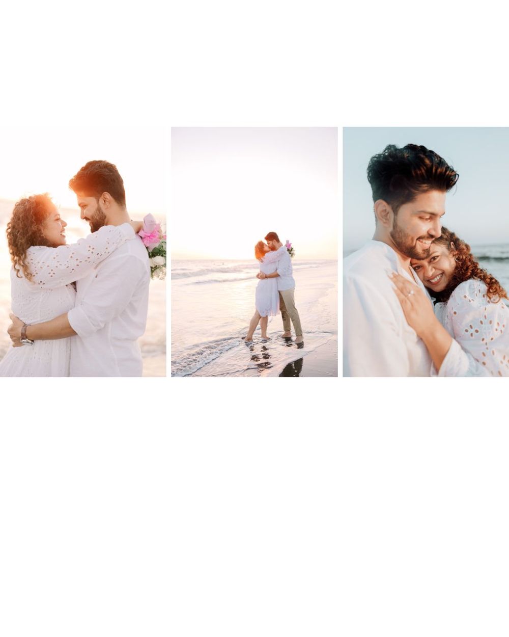 Romantic beach photoshoot sequence with couple in white clothing at golden hour.