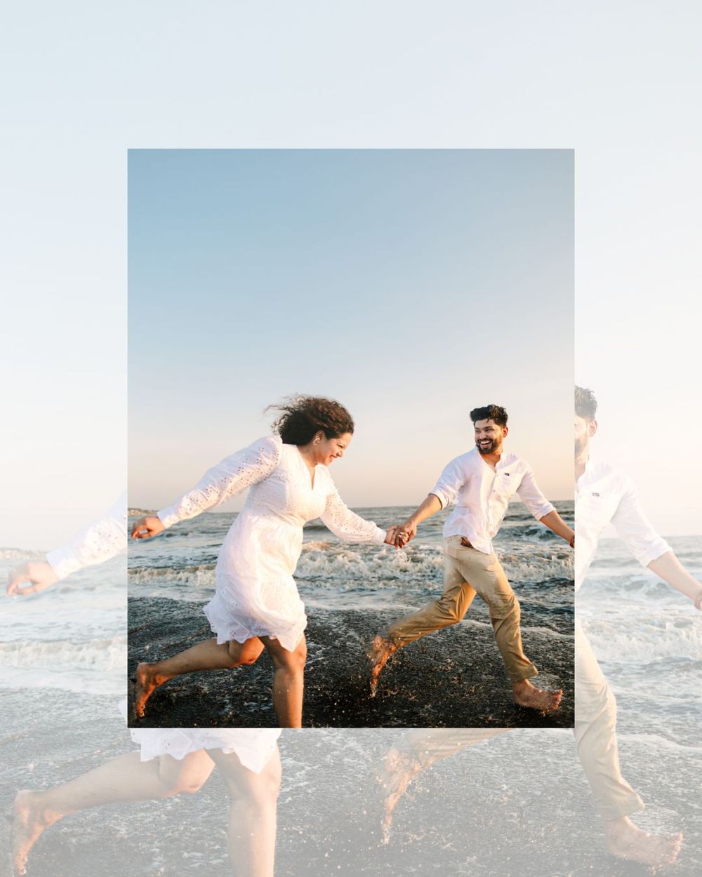 Playful sequence of couple jumping and running through ocean surf in white attire.