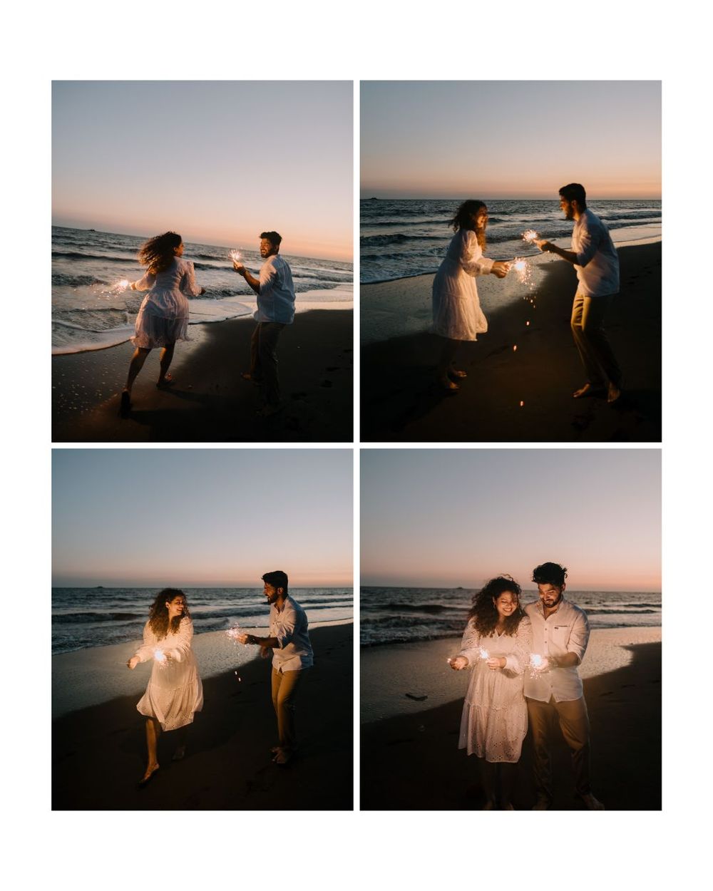 Beach engagement photo series at sunset showing romantic moments by the ocean.