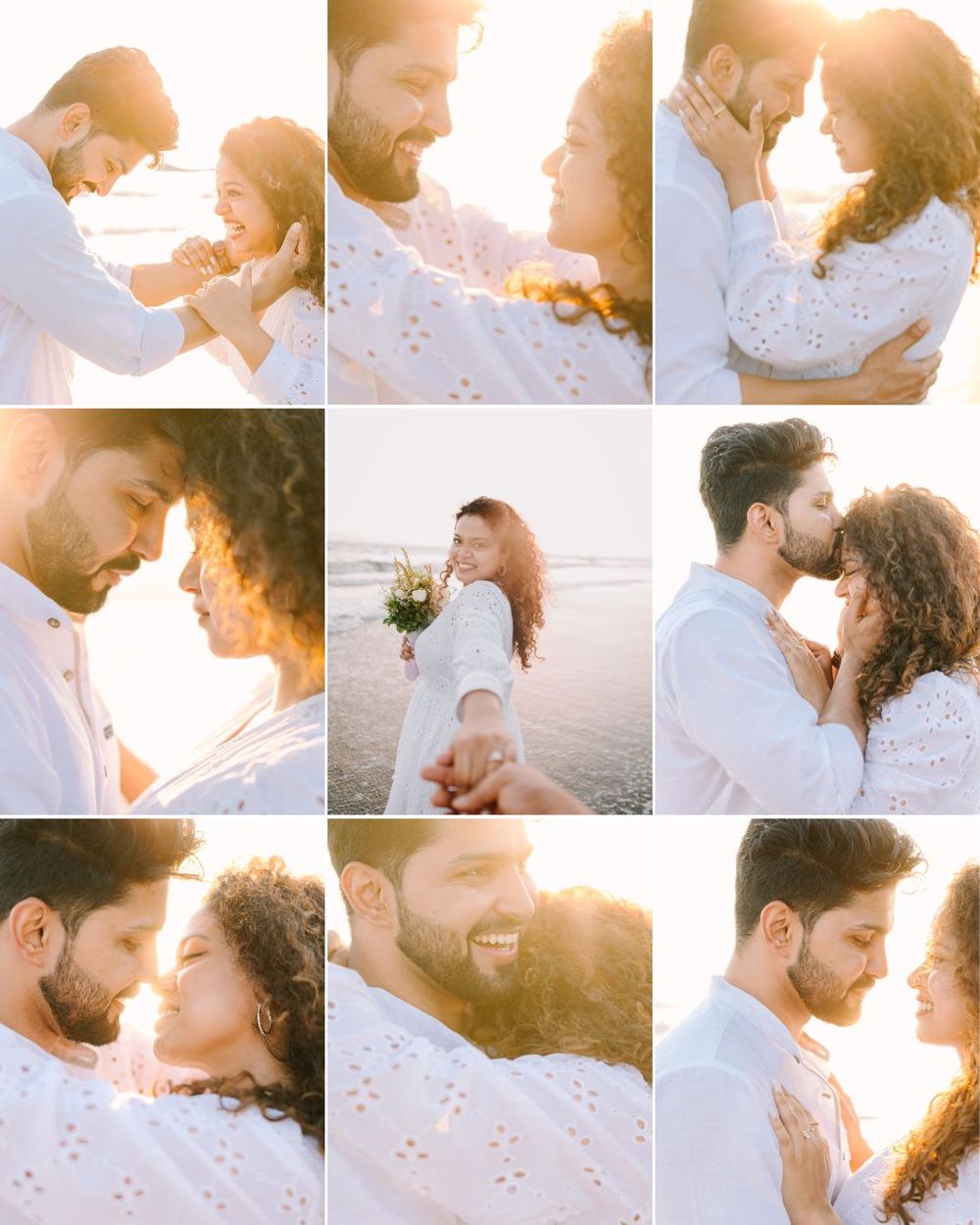 Collection of romantic beach engagement photos showing tender moments at sunset.