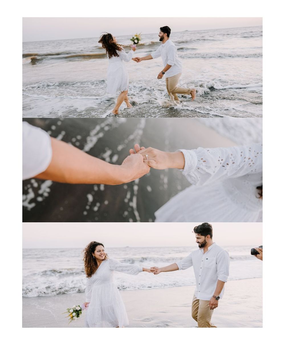 Playful couple splashing in ocean waves during beach photoshoot.