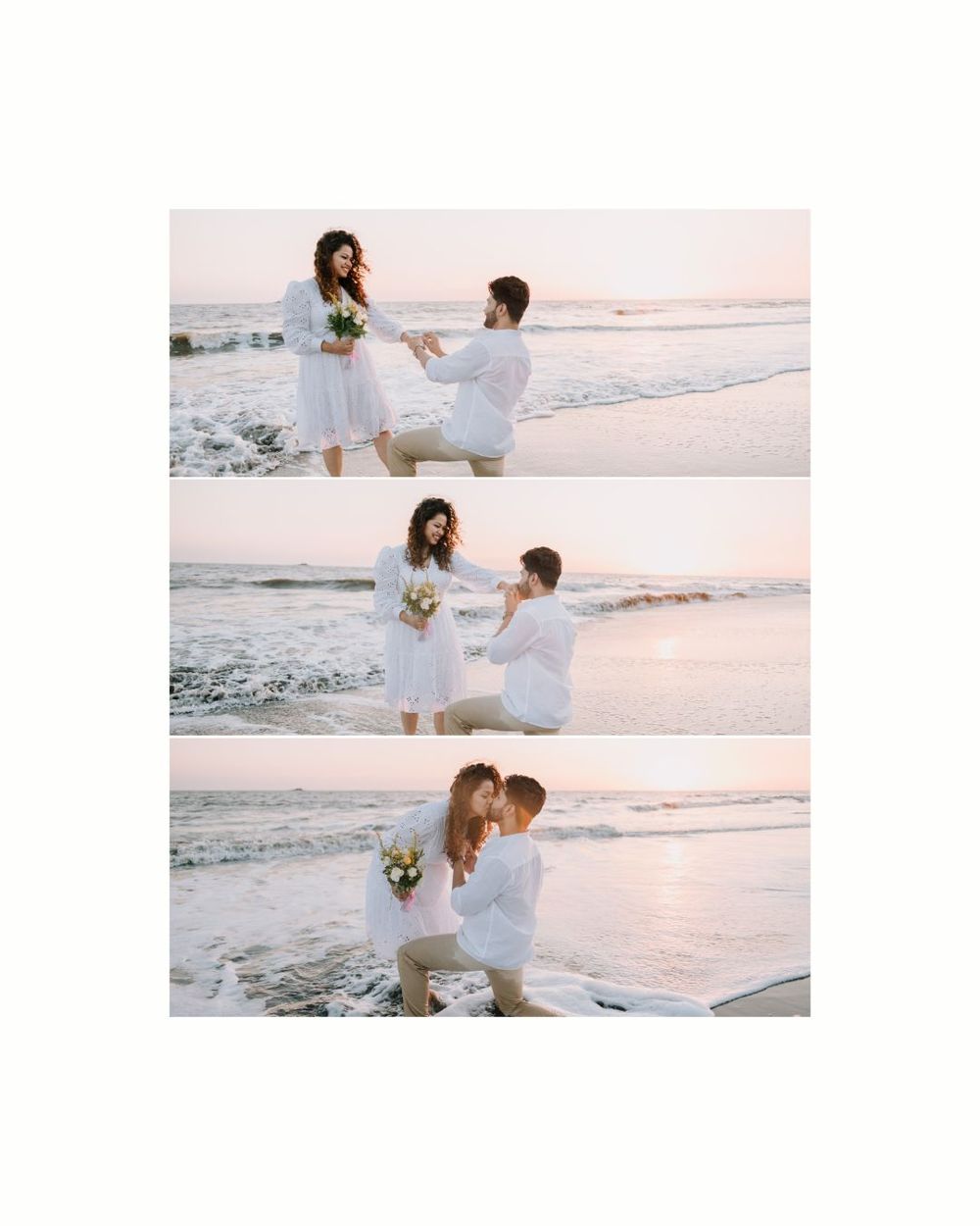 Series of beach proposal photos capturing the special moment by the ocean.