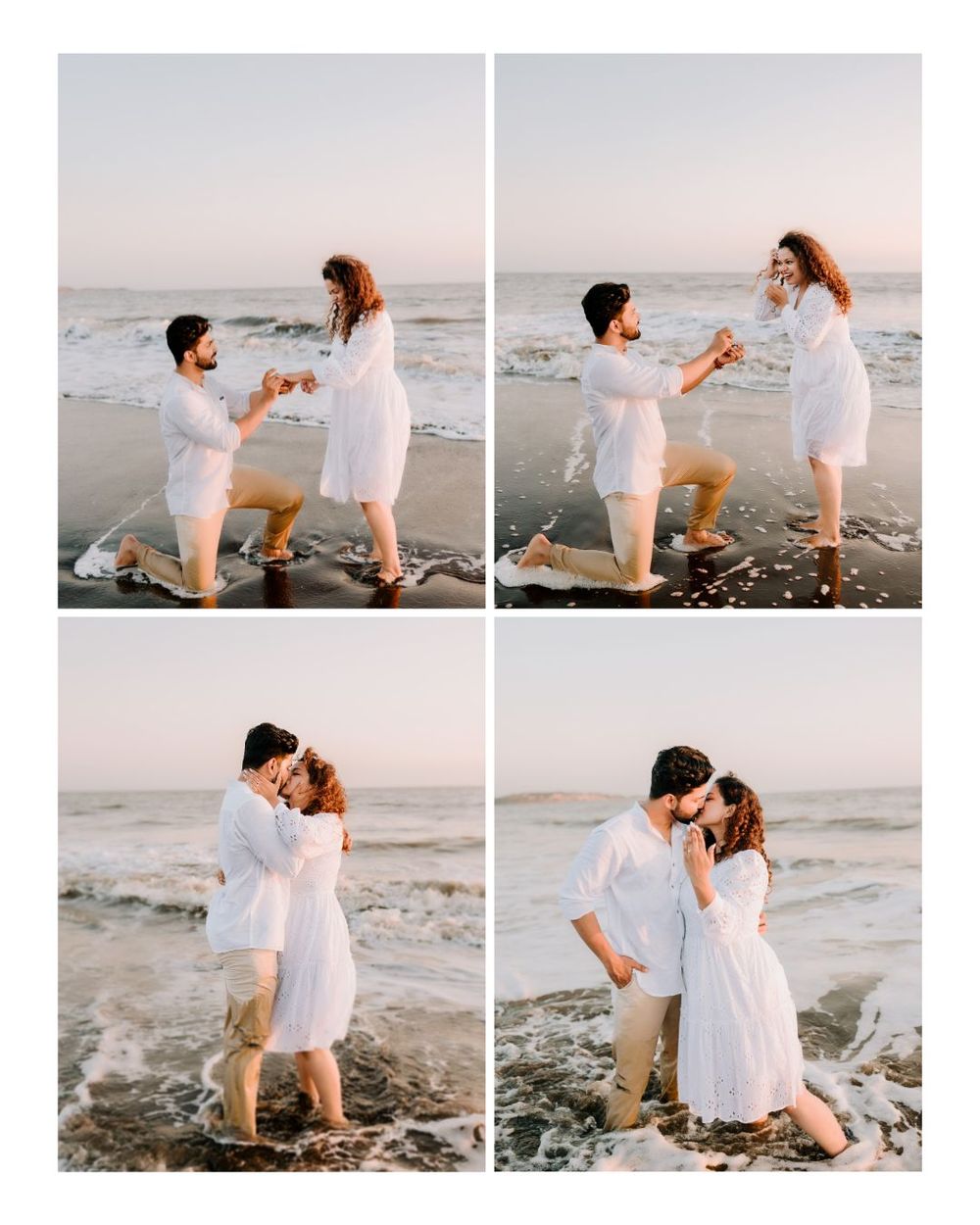 Beach proposal photo sequence showing emotional reaction and celebration.