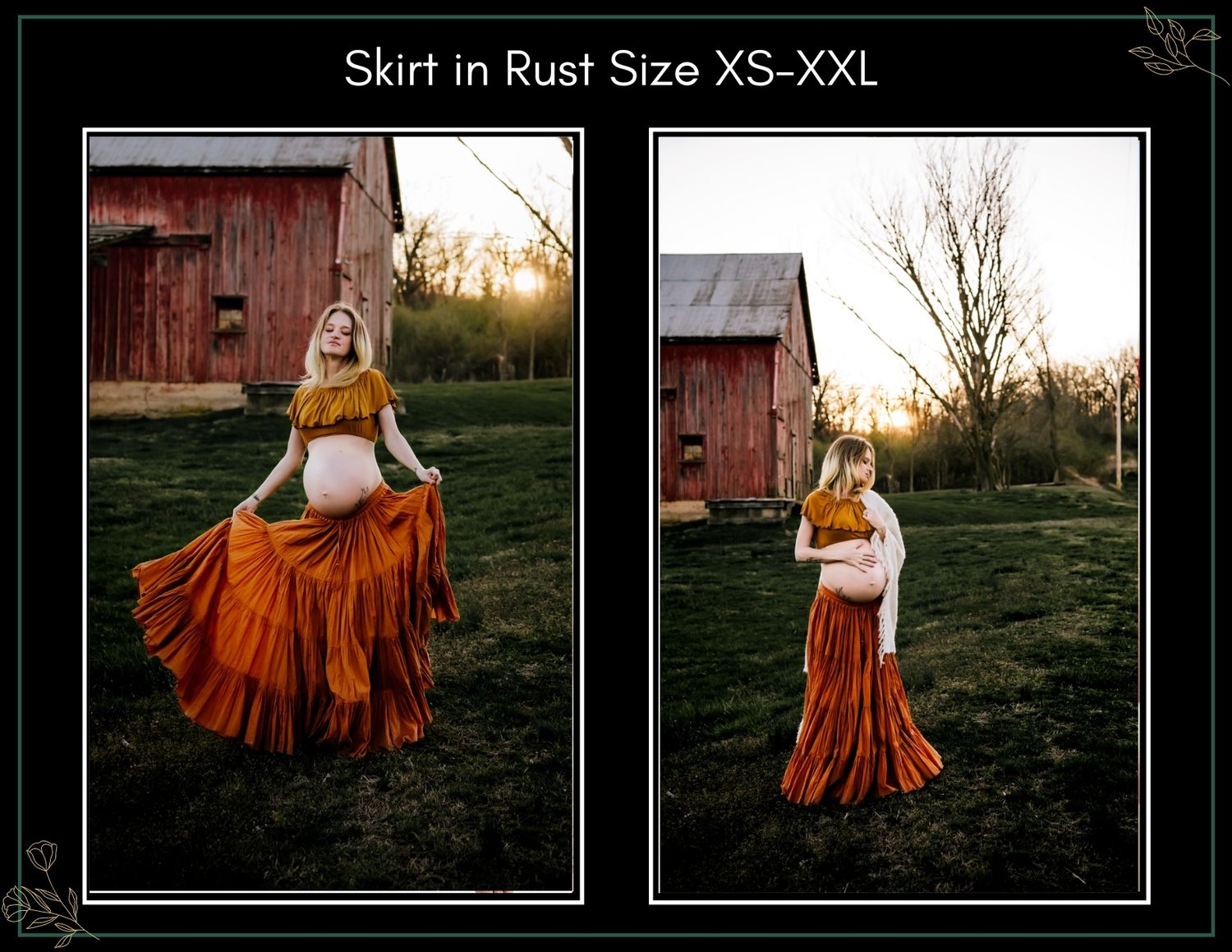 Pregnant woman in rust-colored maxi skirt sizes XS-XXL posing outdoors near a red barn at golden hour.