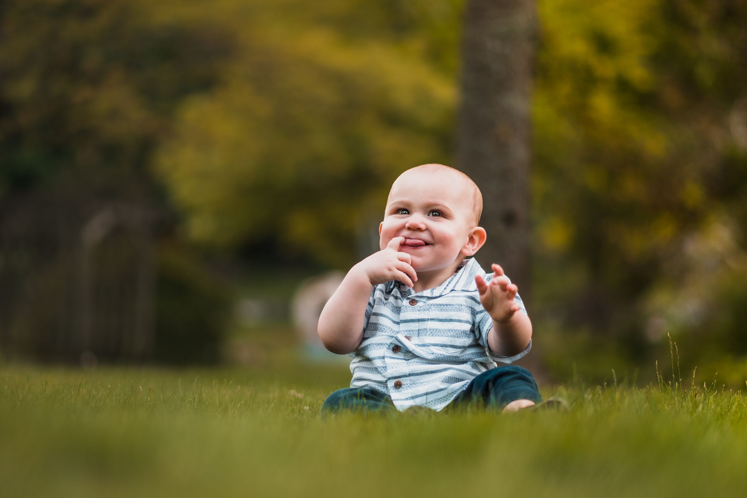 A playful outdoor family photoshoot in a park with autumn trees in the background.