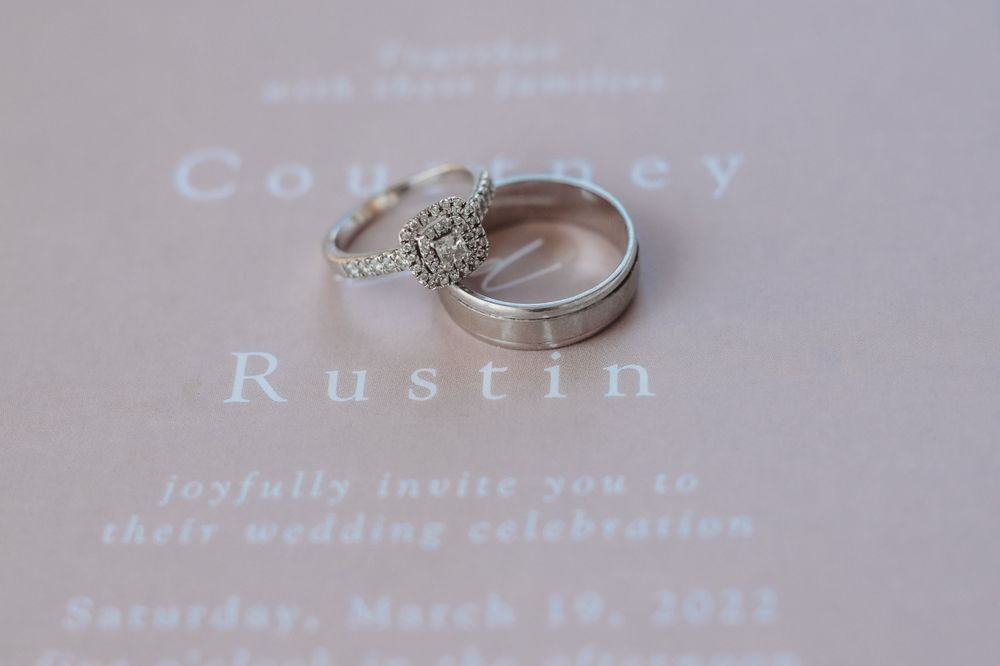 Wedding rings photographed on an invitation with elegant typography.