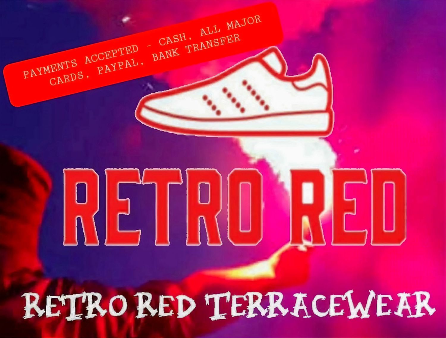 Retro Red terracewear logo design with white sneaker icon against red and purple gradient background.