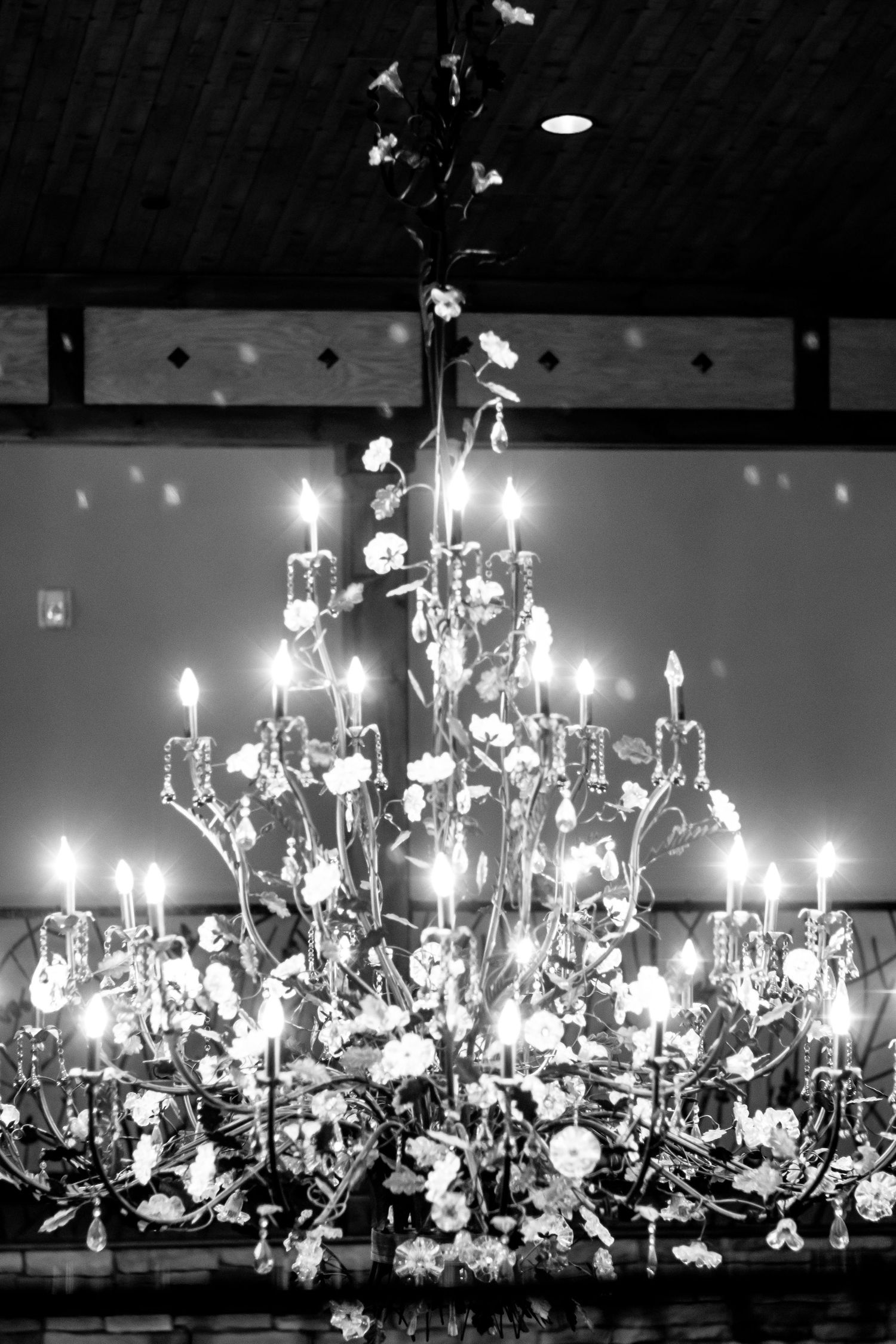 An elegant crystal chandelier with floral decorations illuminated against a dark ceiling.