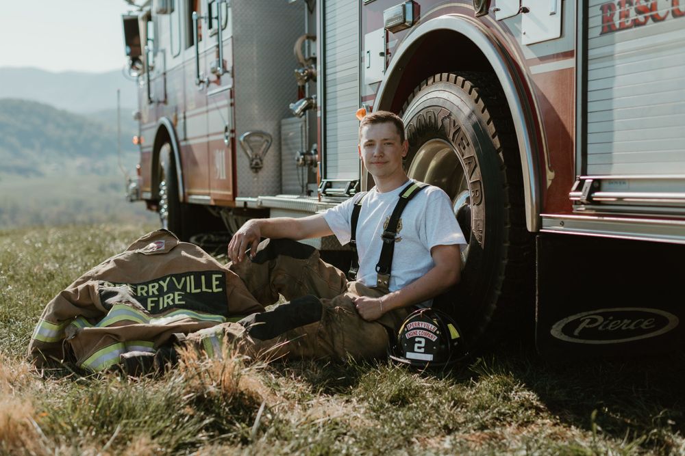 Fire truck detail shots with mountainous landscape in background.