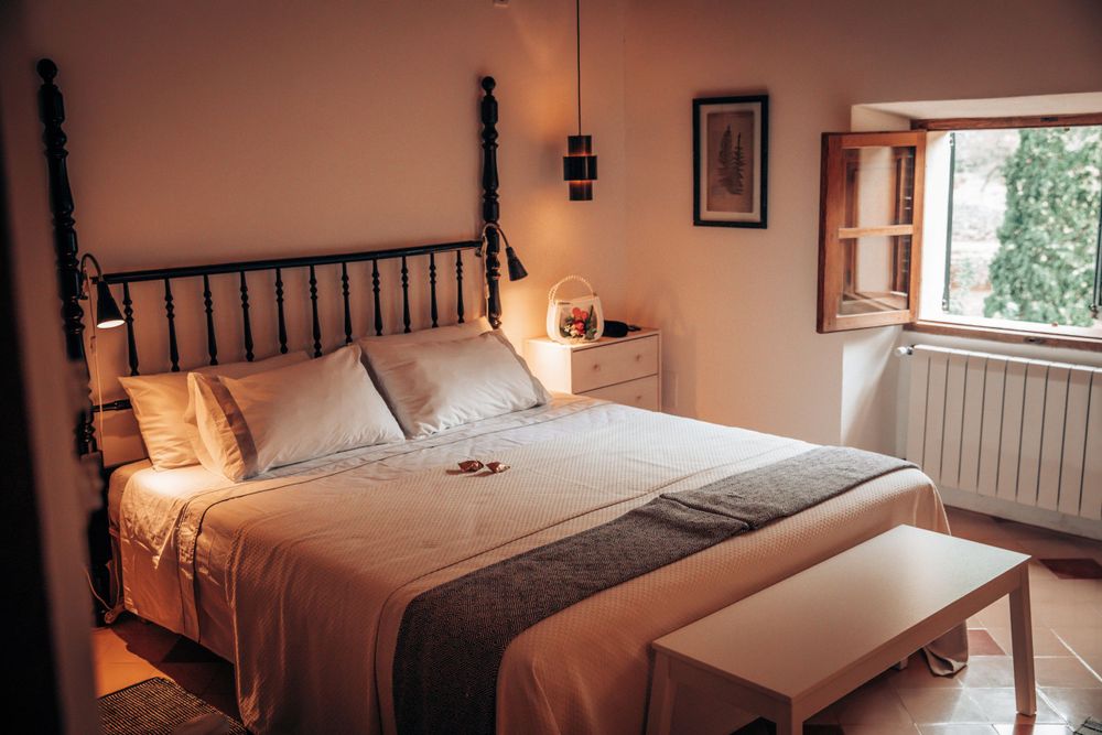 A beautifully styled bridal suite interior at a boutique luxury Finca for a wedding getaway in Fornalutx, Mallorca.