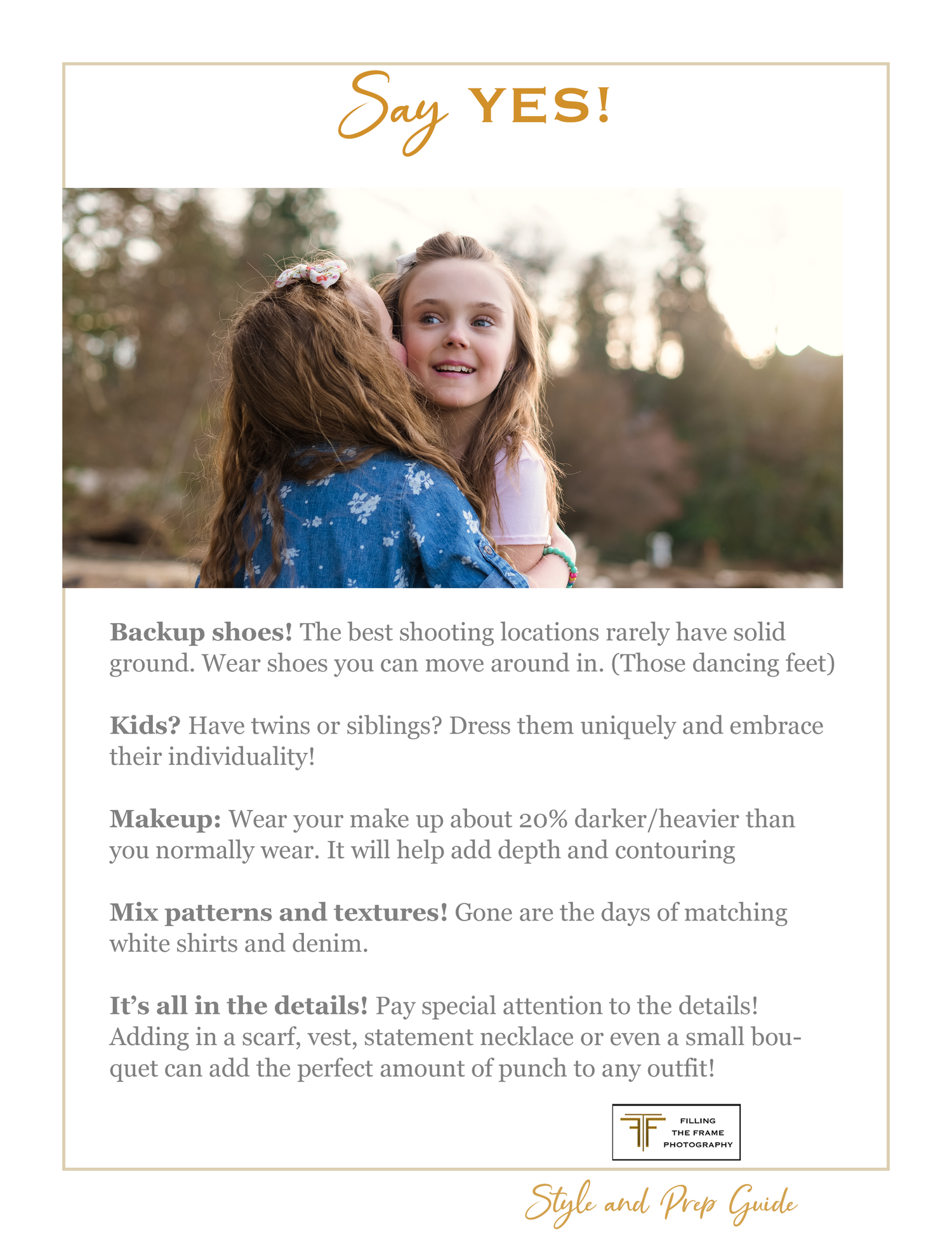 Photography style guide with tips for portrait sessions and wardrobe choices.