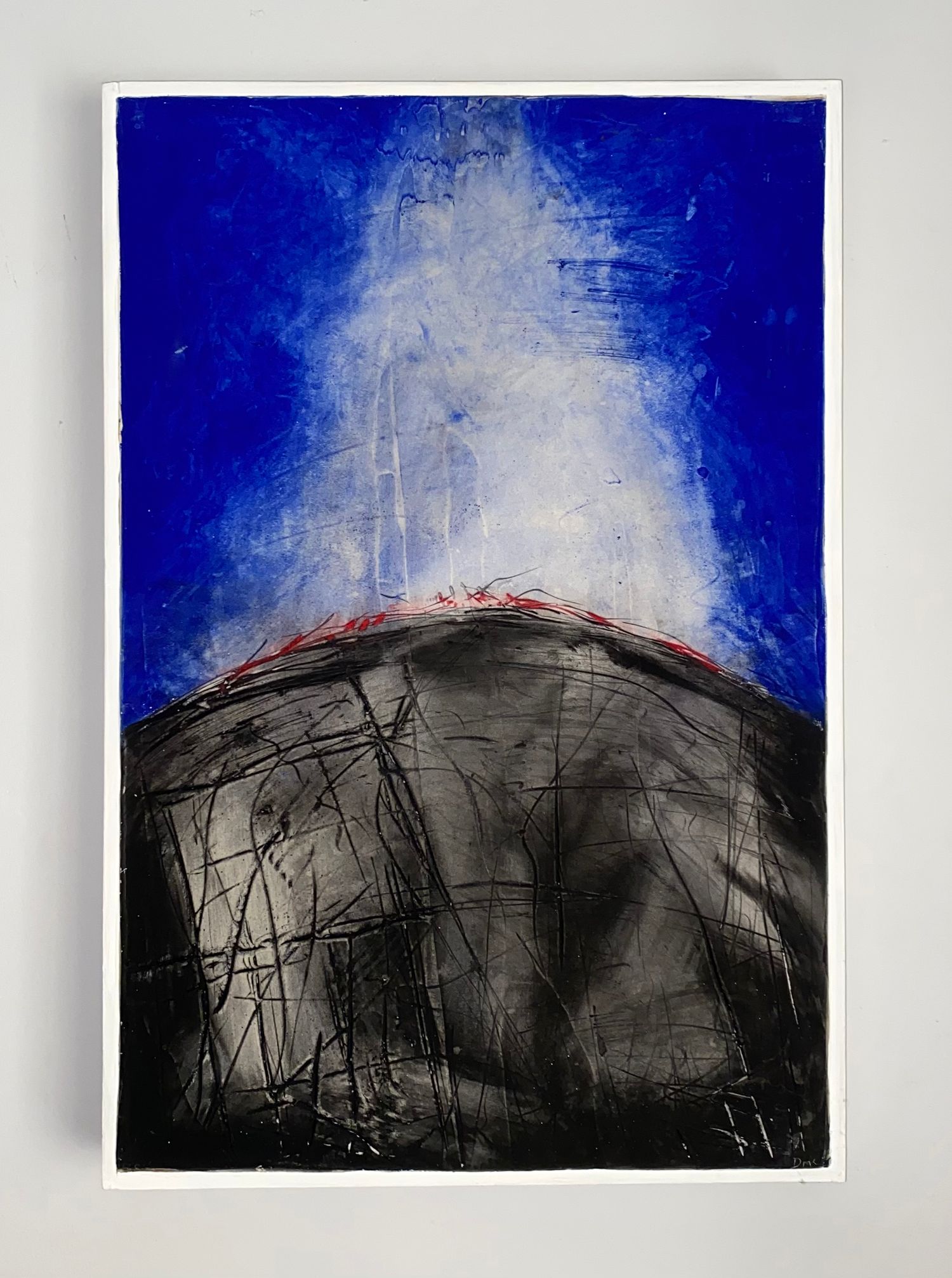 'Heated IV ' mixed media painting on canvas. Volcanic, smoky eruption on a blue background.