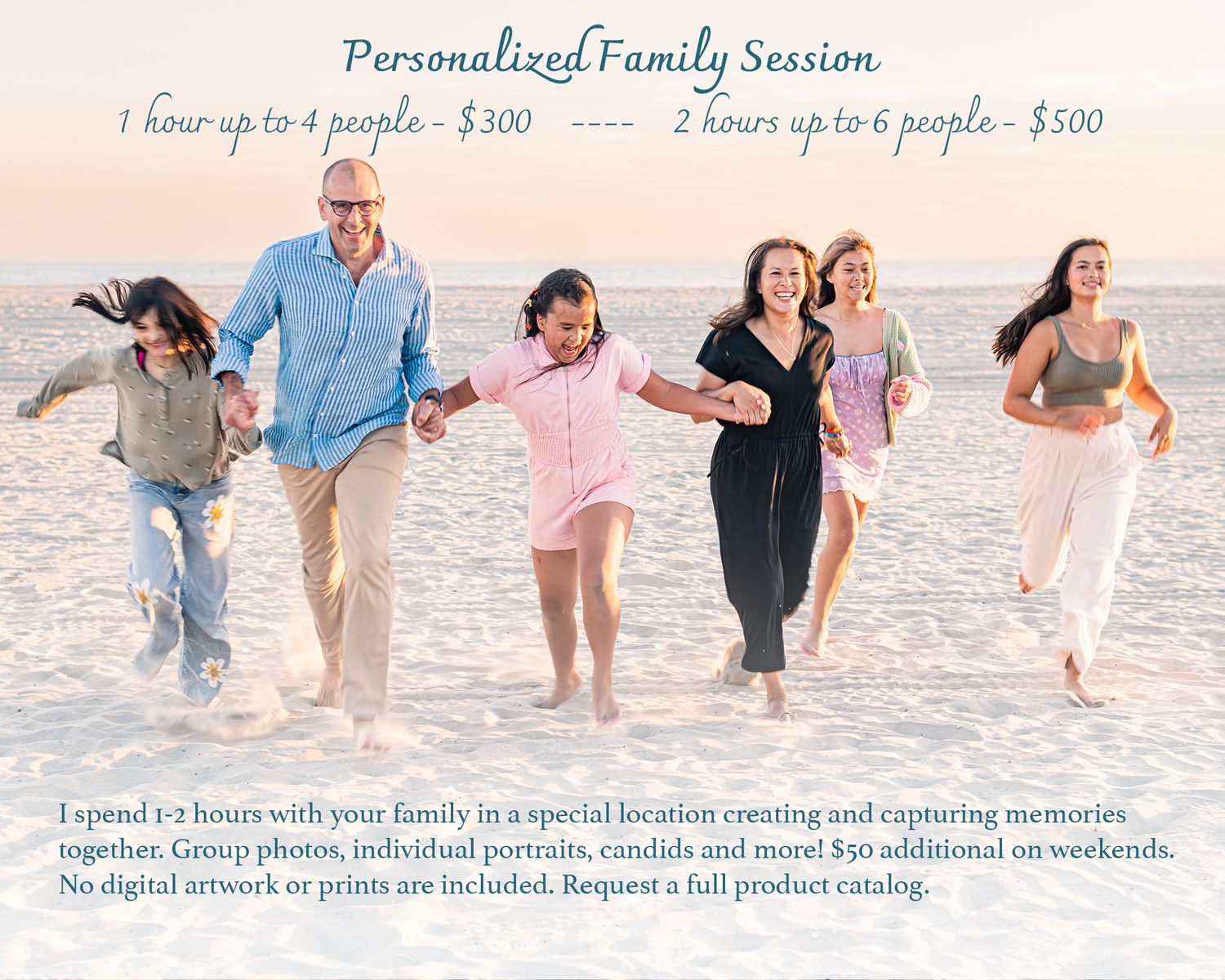 Promotional card for personalized family photography sessions with a family running on the beach.