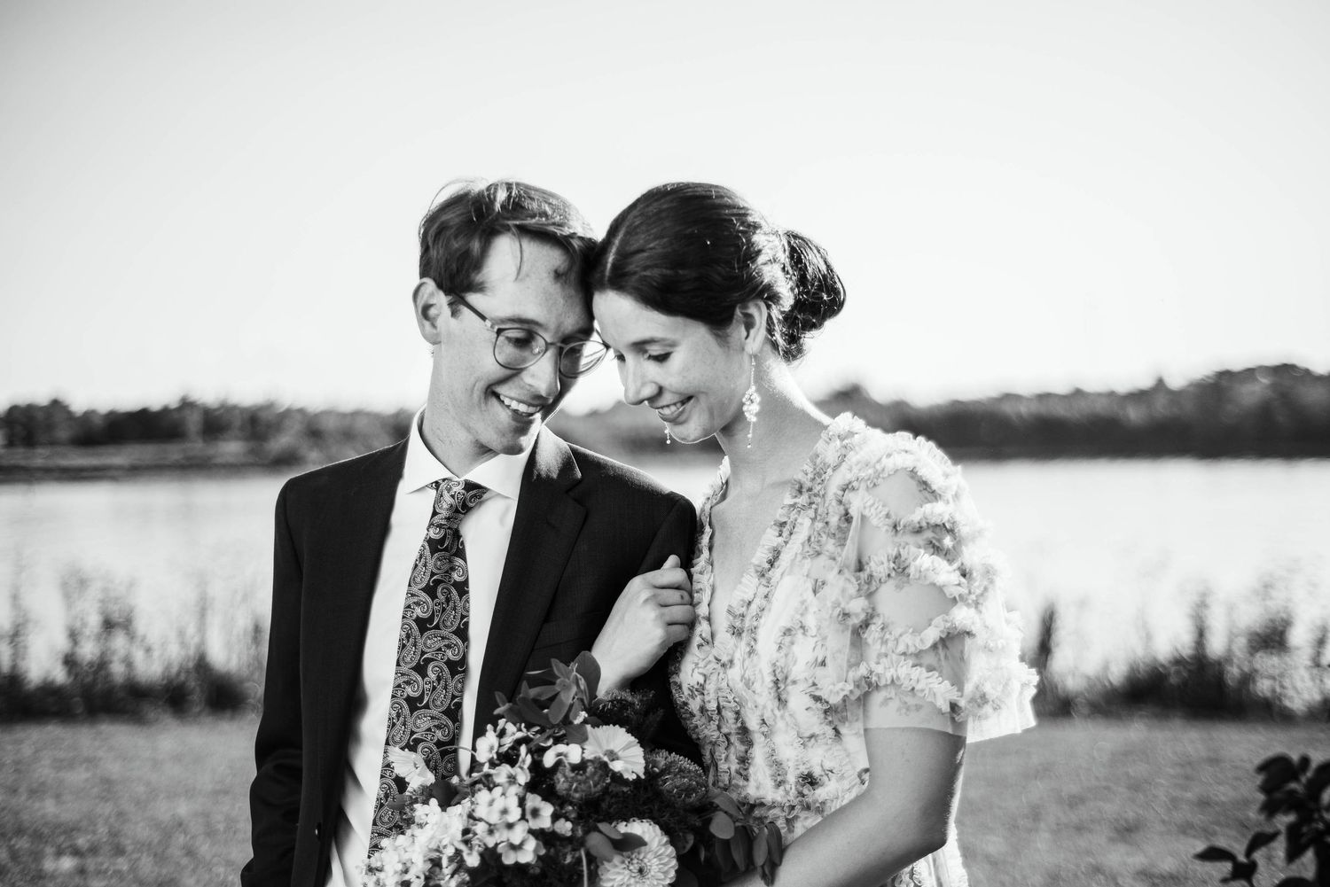 A black and white photo of a bride and groom in Pugwash, Nova Scotia.