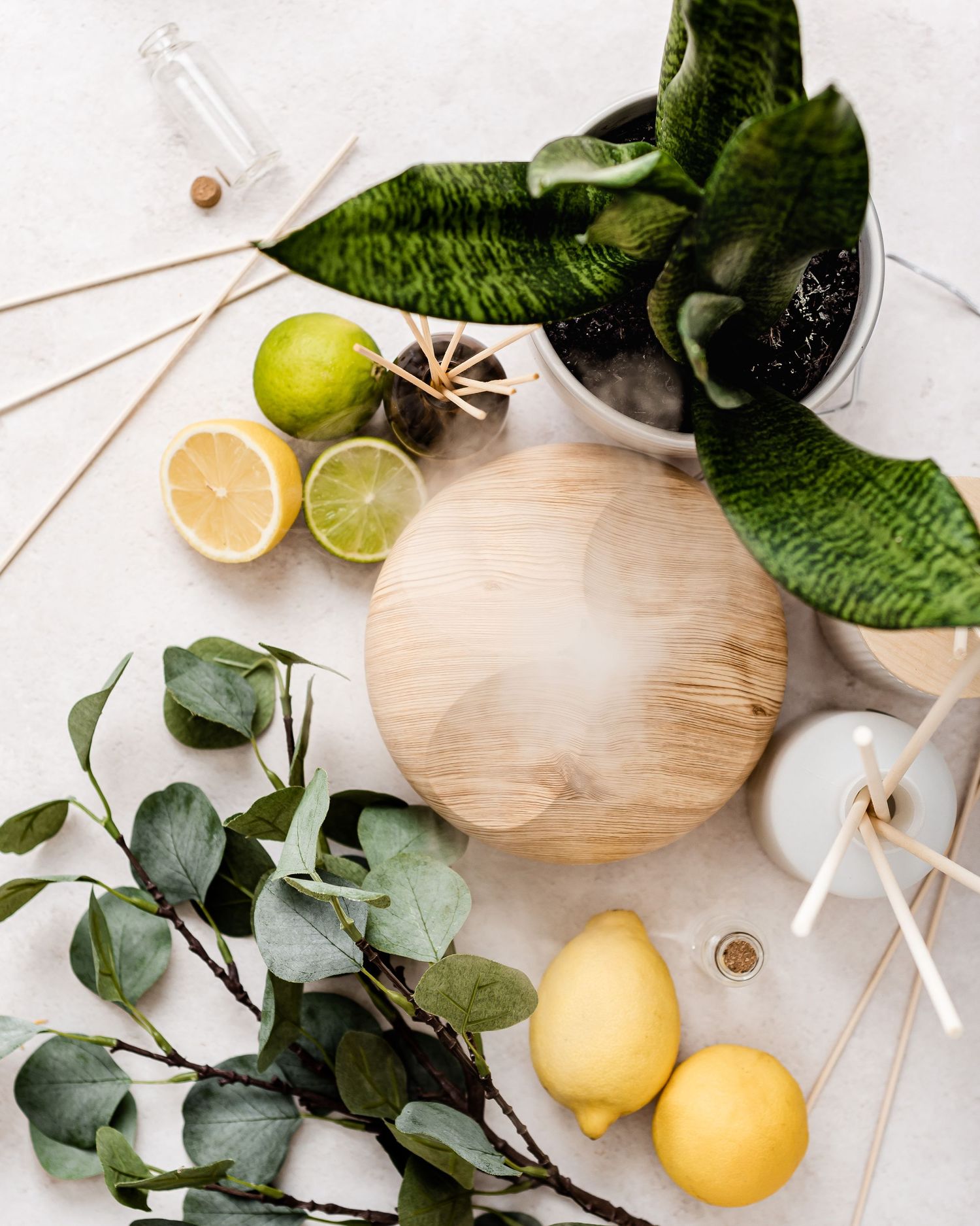 flatlay of a diffuser with steam rising, decorated with essential oils, fruits and plants, natural, fresh, self-care