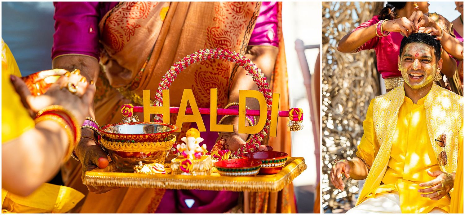 Traditional Indian Haldi ceremony decoration and preparation with turmeric paste and ornate decor.