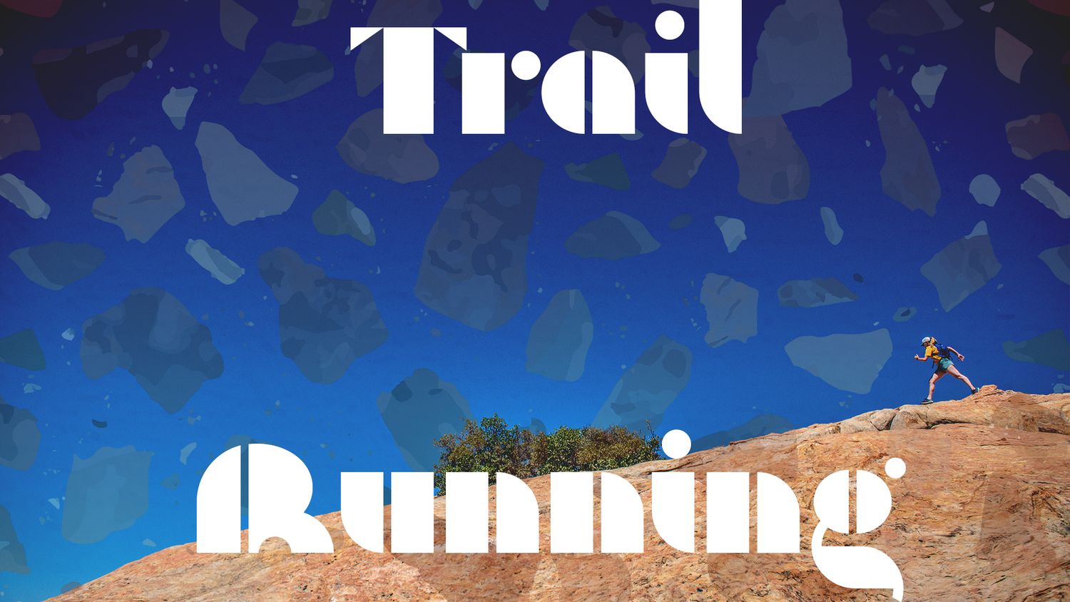 Silhouette of a trail runner on a cliff edge against a blue sky with geometric pattern overlay.