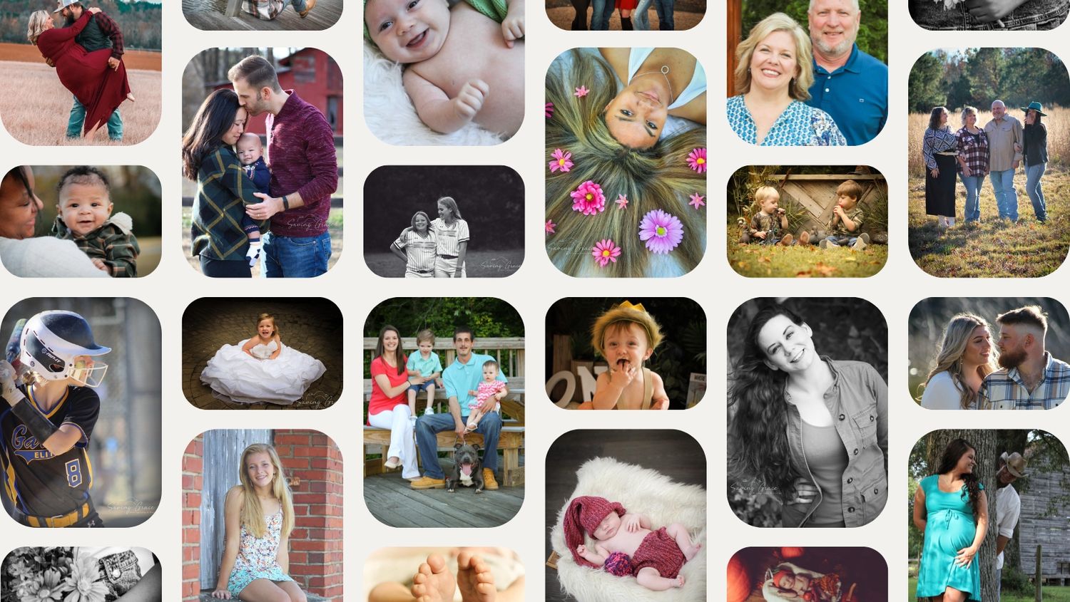 Collage of family photos arranged in grid pattern with rounded corners.