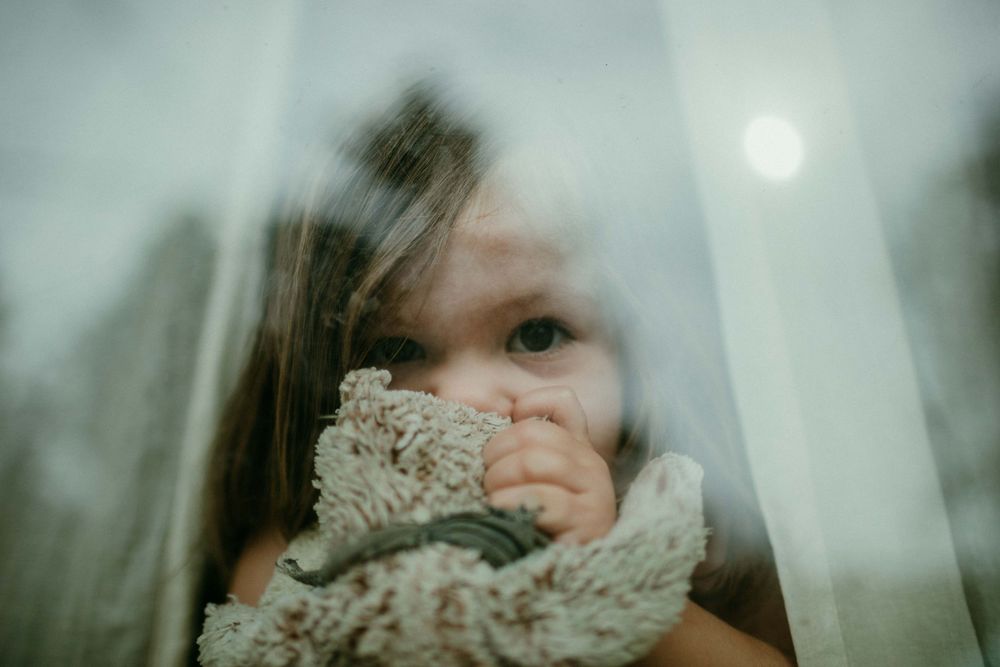 child holding stuffed animal sucks thumb while looking through window portland oregon family photographer