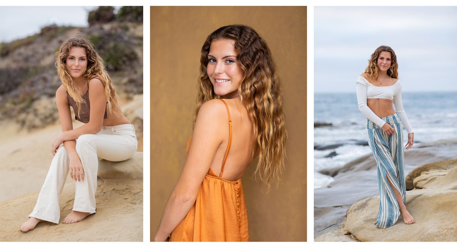 Three artistic beach lifestyle photos featuring a model in boho style outfits including orange and white against coastal backdrops.