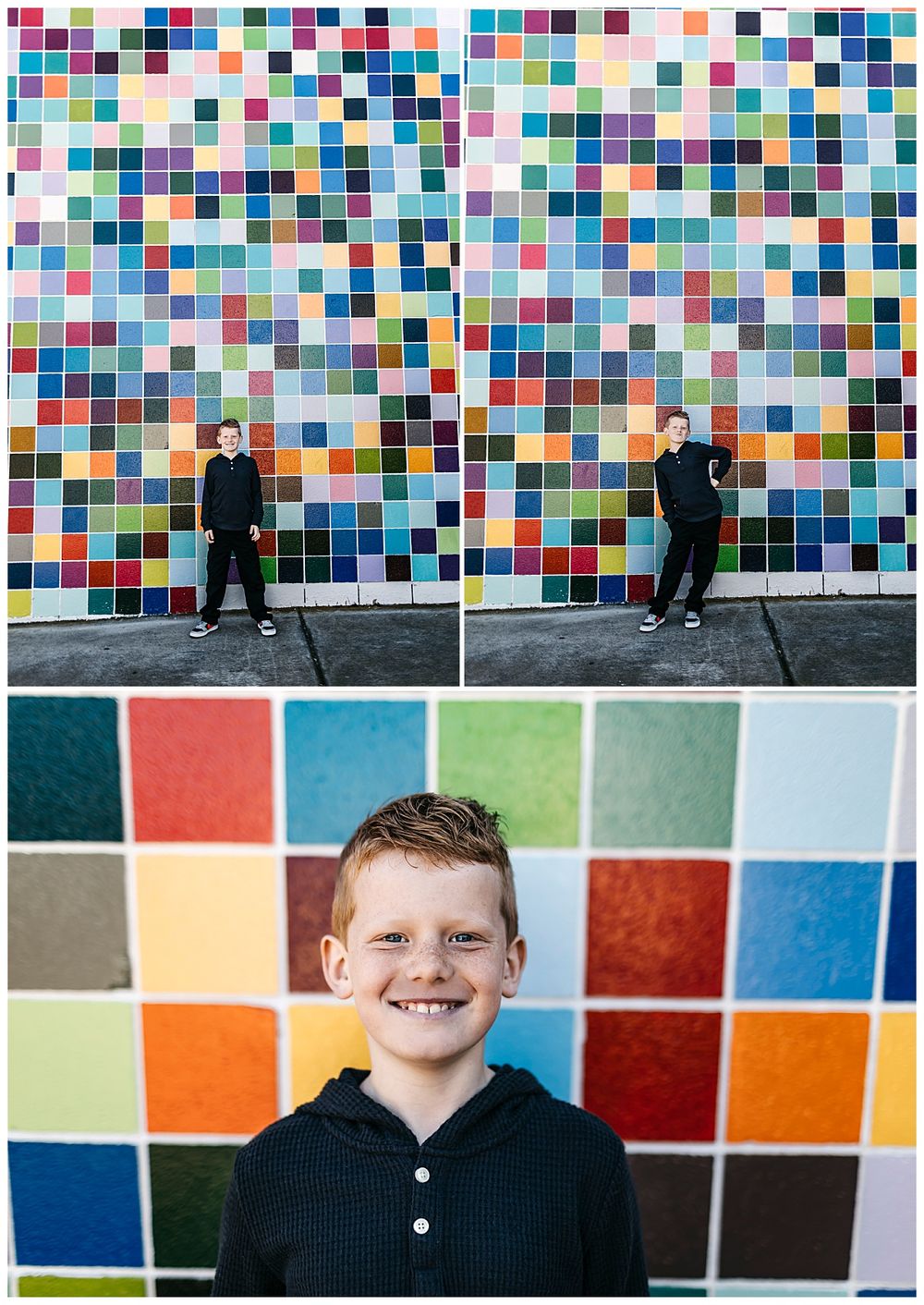 boy smiles in front of colorful wall during kid's birthday photo session