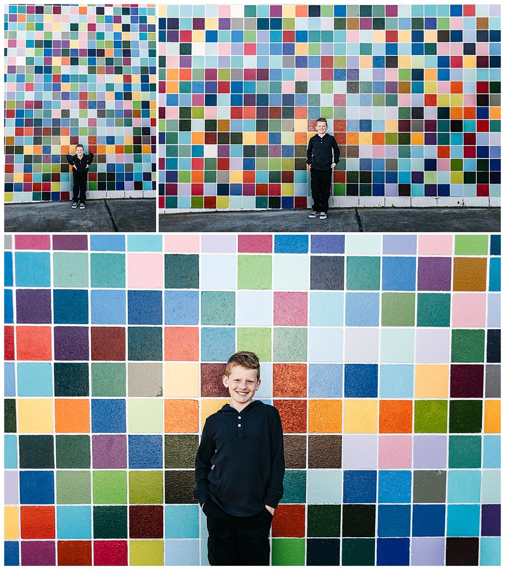 pixelated wall gives burst of color during kid's birthday photo session