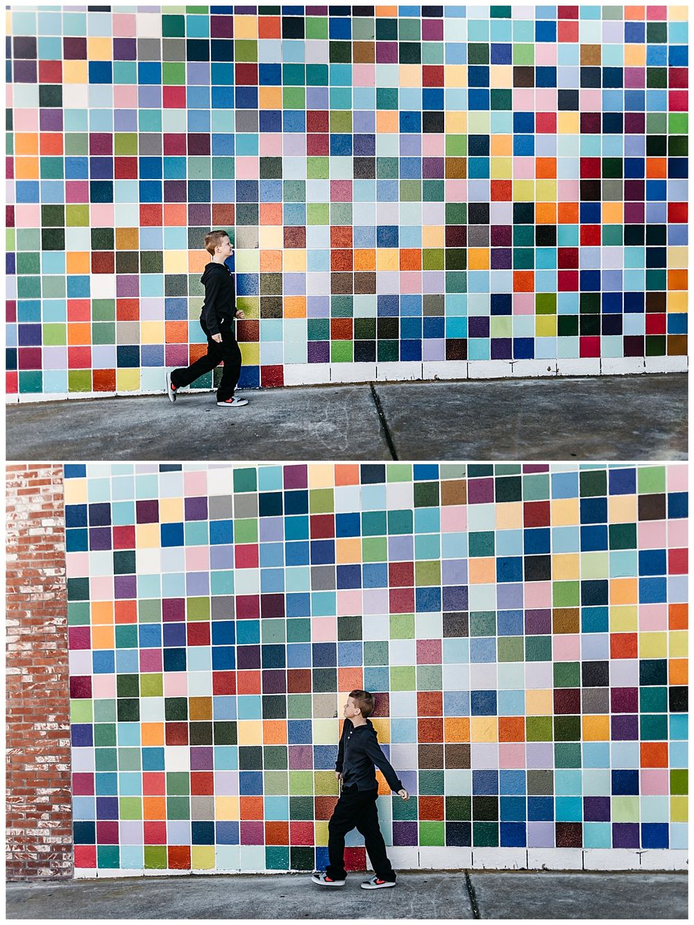 boy dances and walks in front of Minecraft-inspired wall at kid's birthday photo session