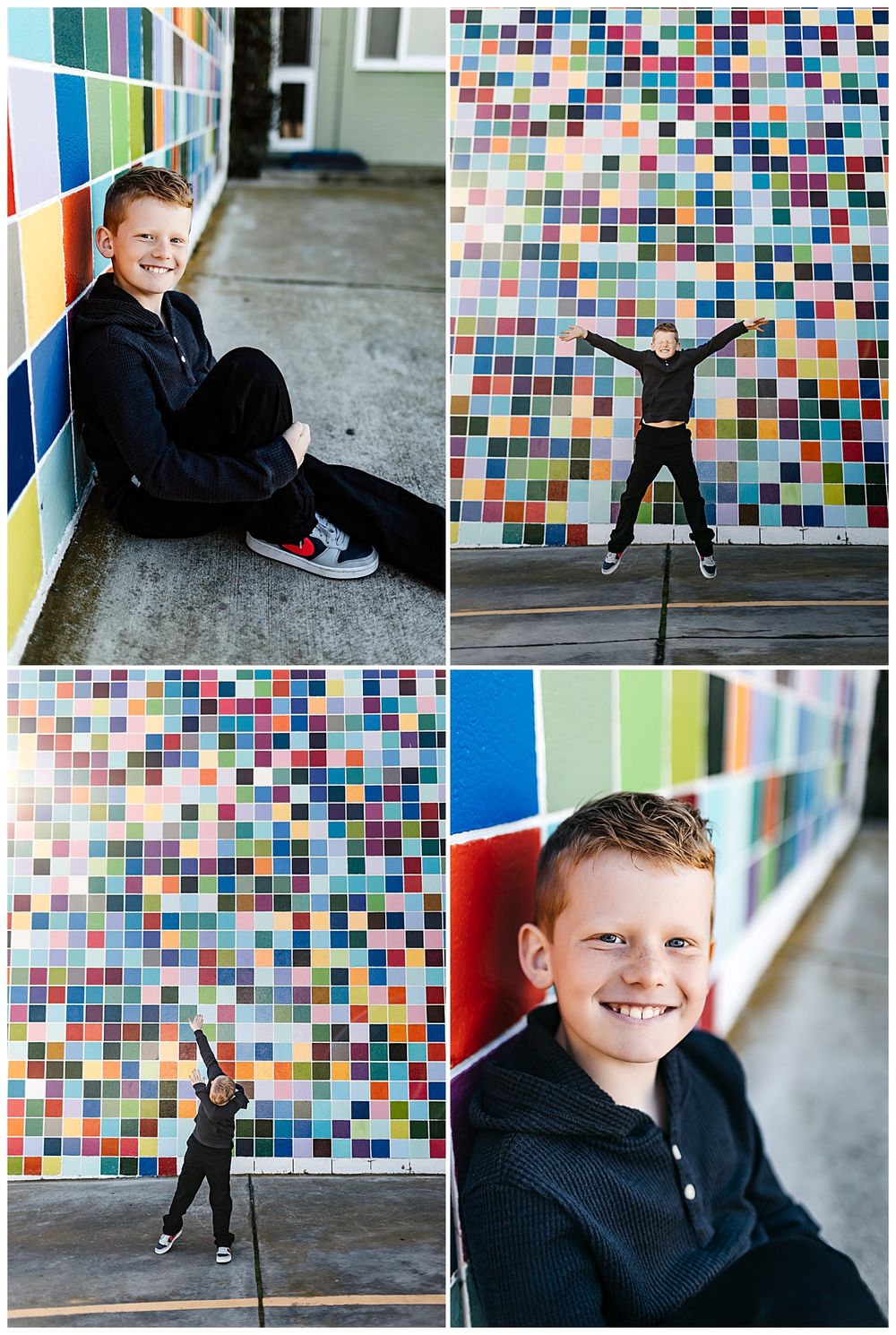 kid sits leaning against colorful tiled wall by San Diego photographer