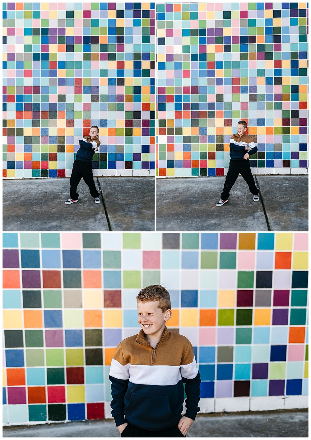 kid plays in front of colorful wall by San Diego photographer