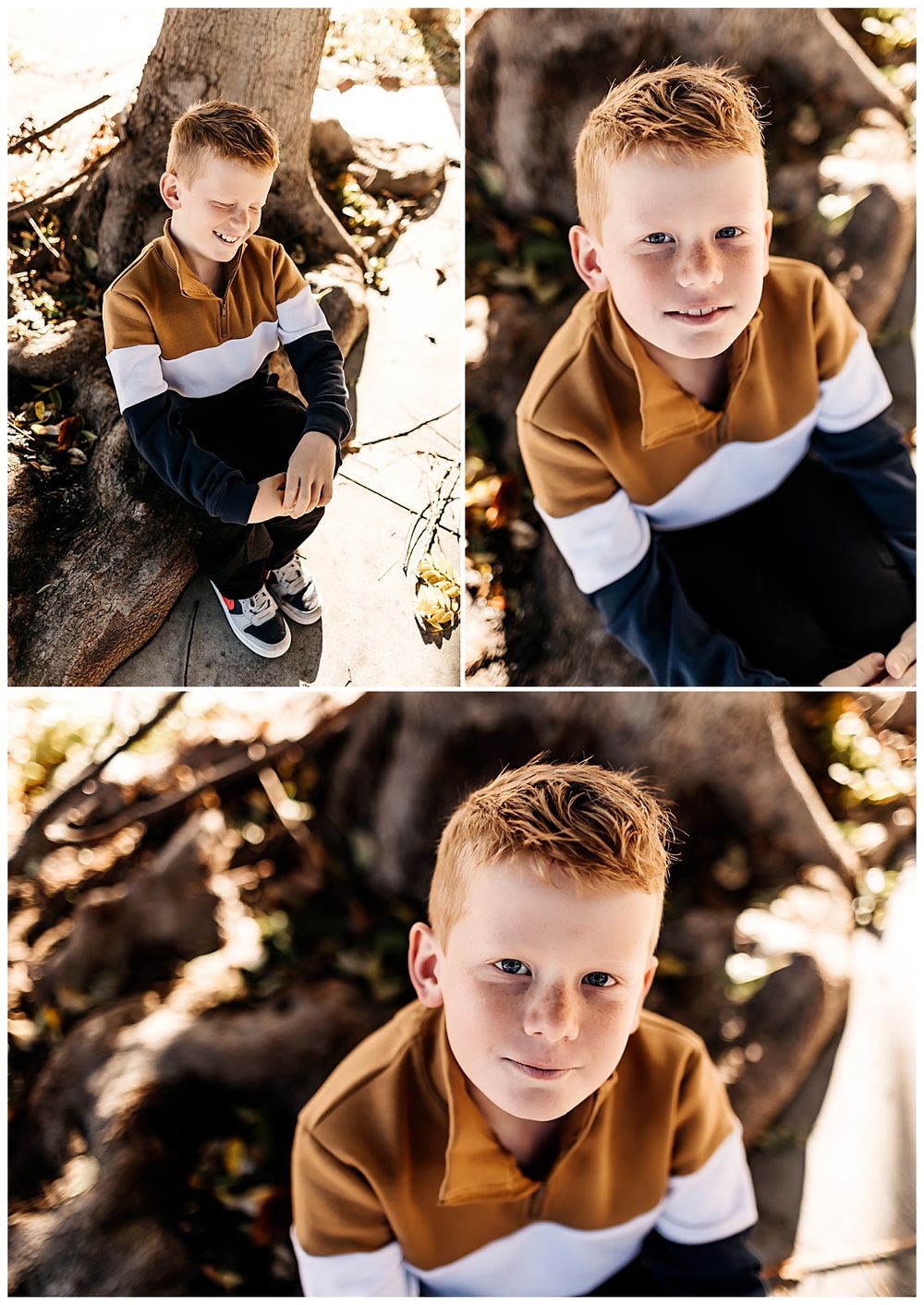 boy sits on tree roots looking up by Danielle Miranda Photography
