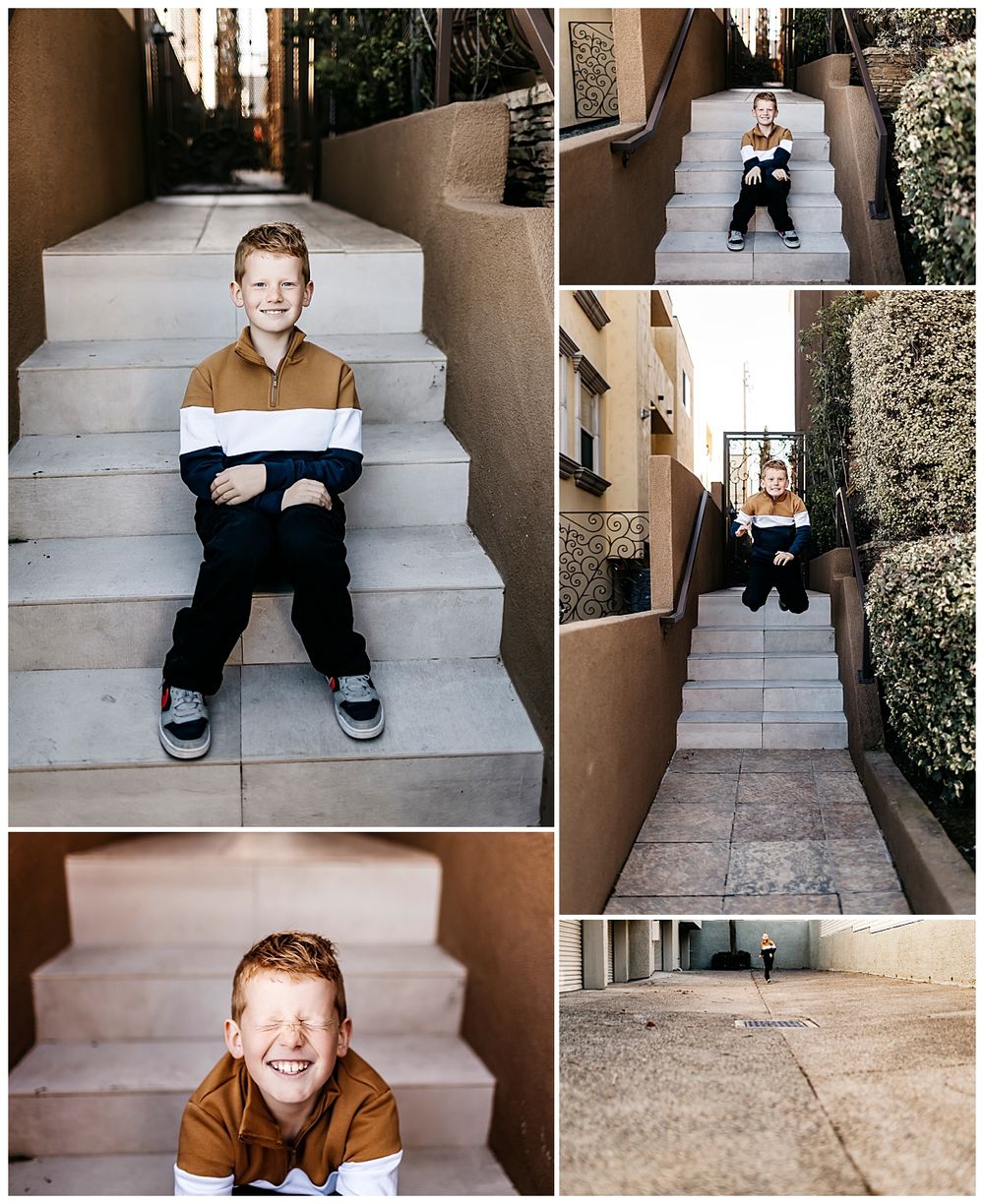 kid sits on steps smiling by Danielle Miranda Photography