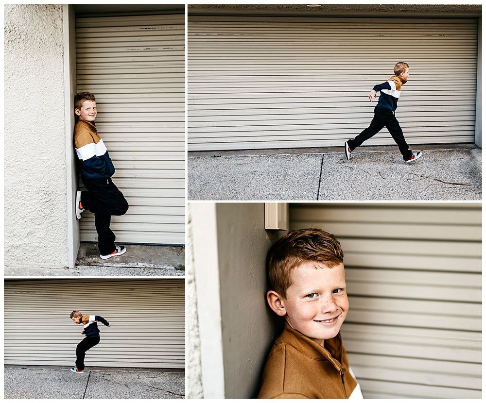 boy runs and jumps during kid's birthday photo session