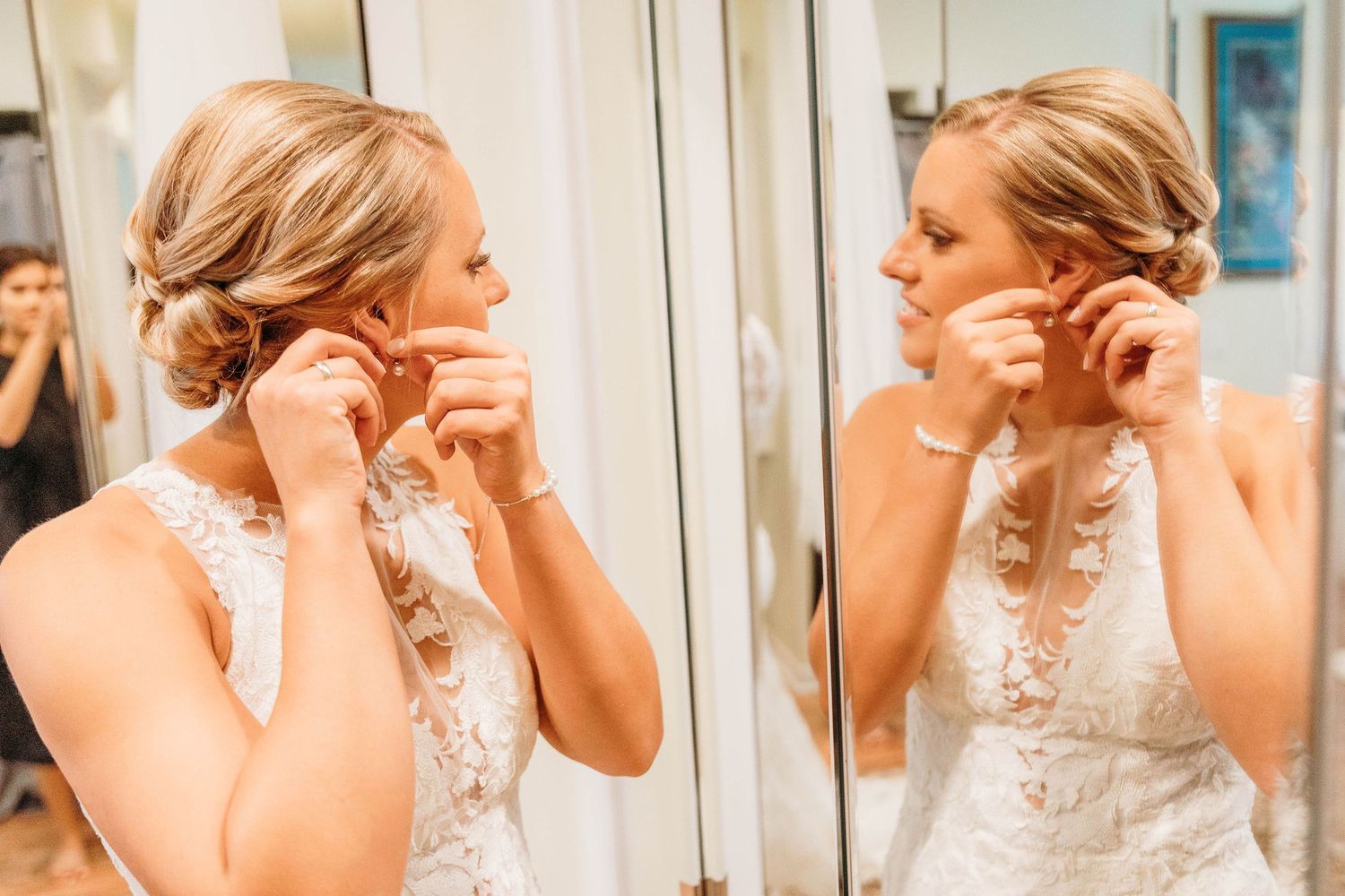 Eight-panel collage showing a bride getting ready by putting on her wedding earrings in a bright dressing room.