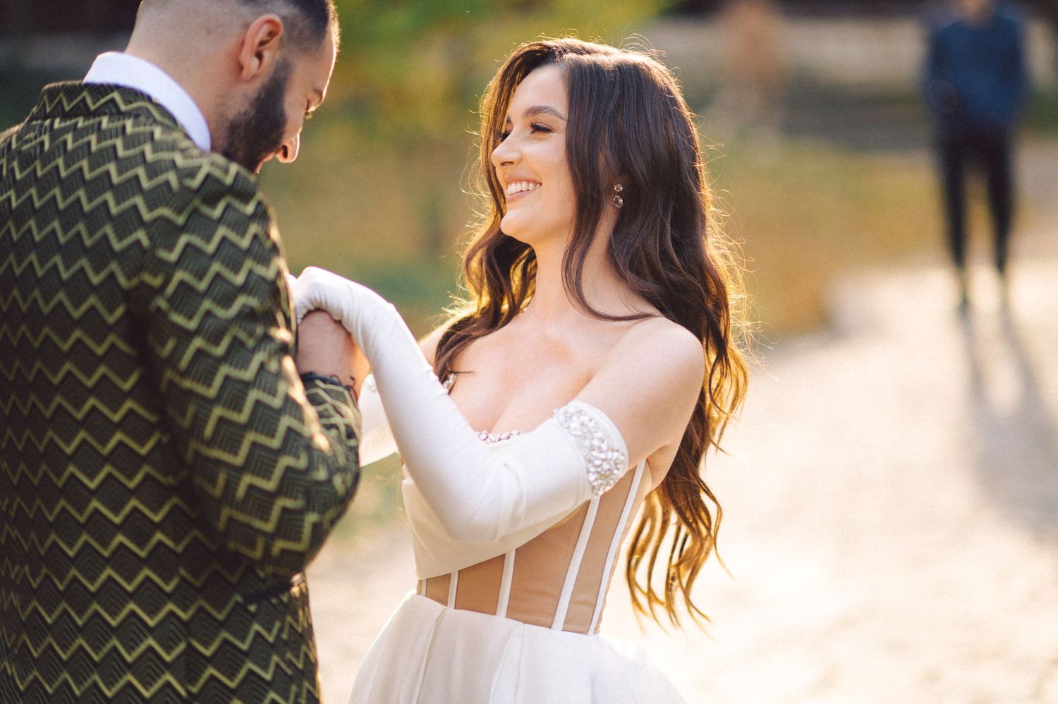 Couple shares an intimate moment during their sunset wedding photoshoot.