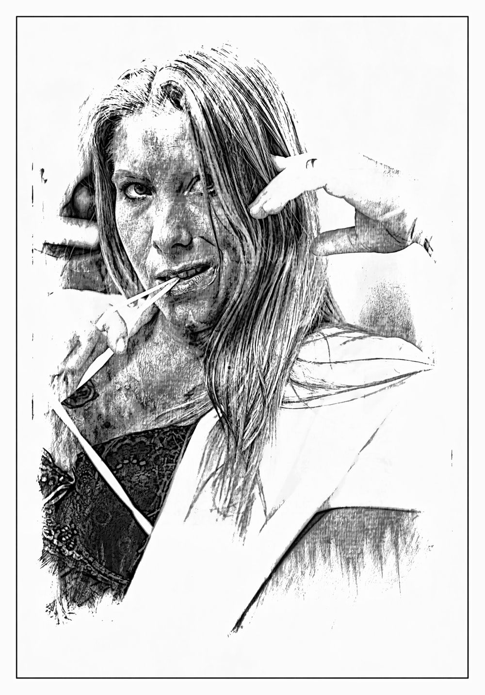 Black and white sketch portrait of a woman with long hair holding a cigarette.