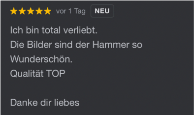 Five-star review in German praising photo quality and expressing deep appreciation.