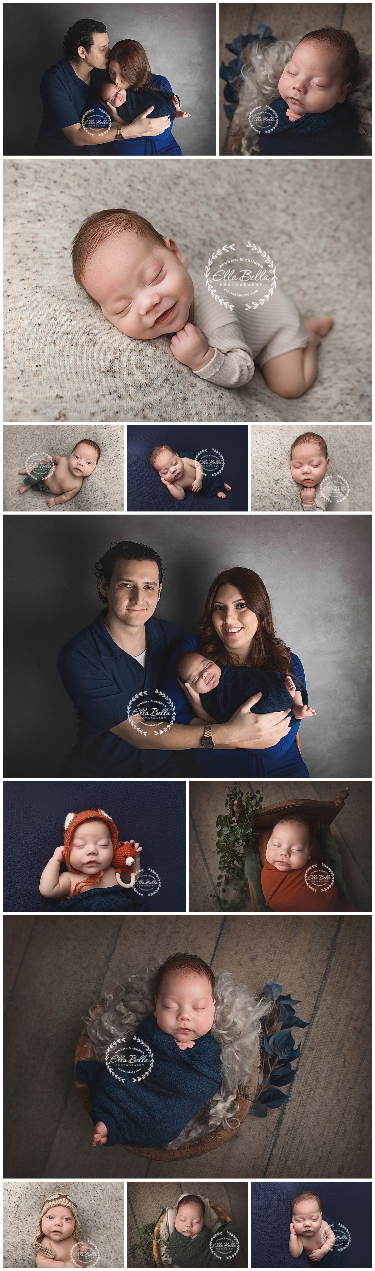 Professional newborn photography session with artistic poses and family portraits in blue and grey tones.
