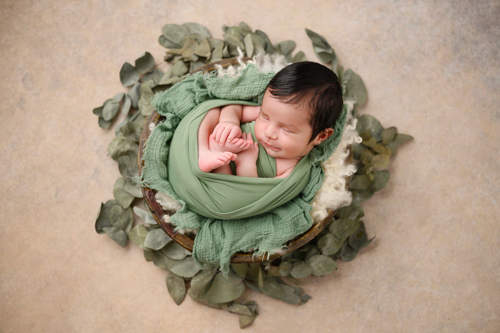 Series of sleeping newborn photos with baby nestled in green leaves and neutral backdrop.