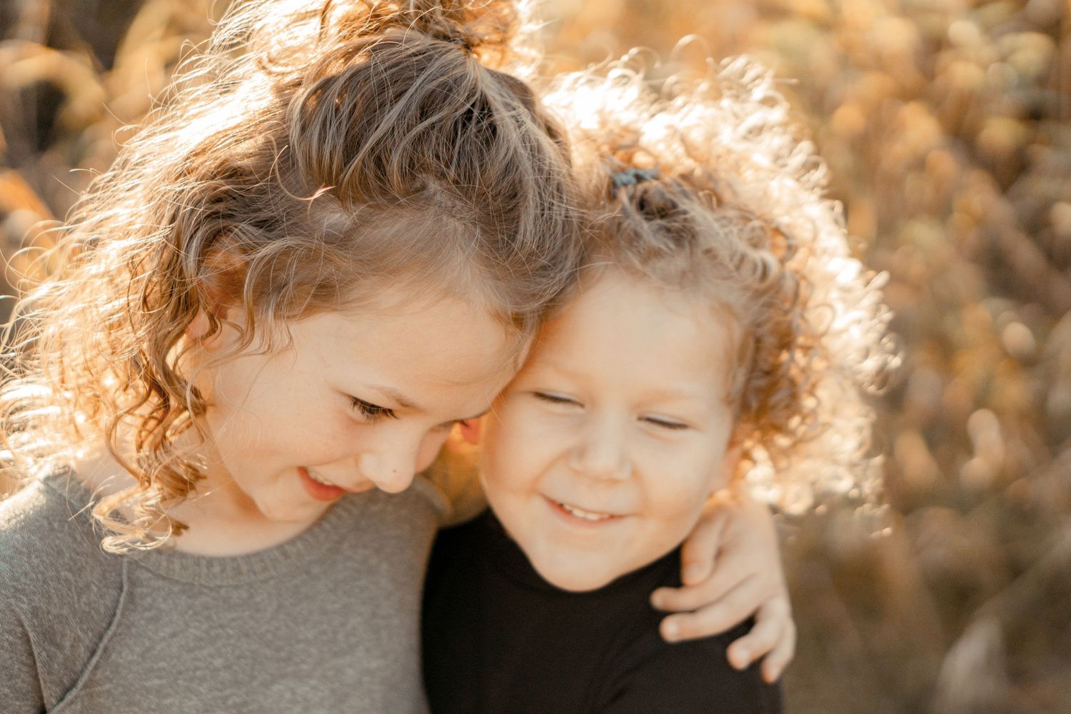 Two people embracing with curly hair backlit by warm sunlight.