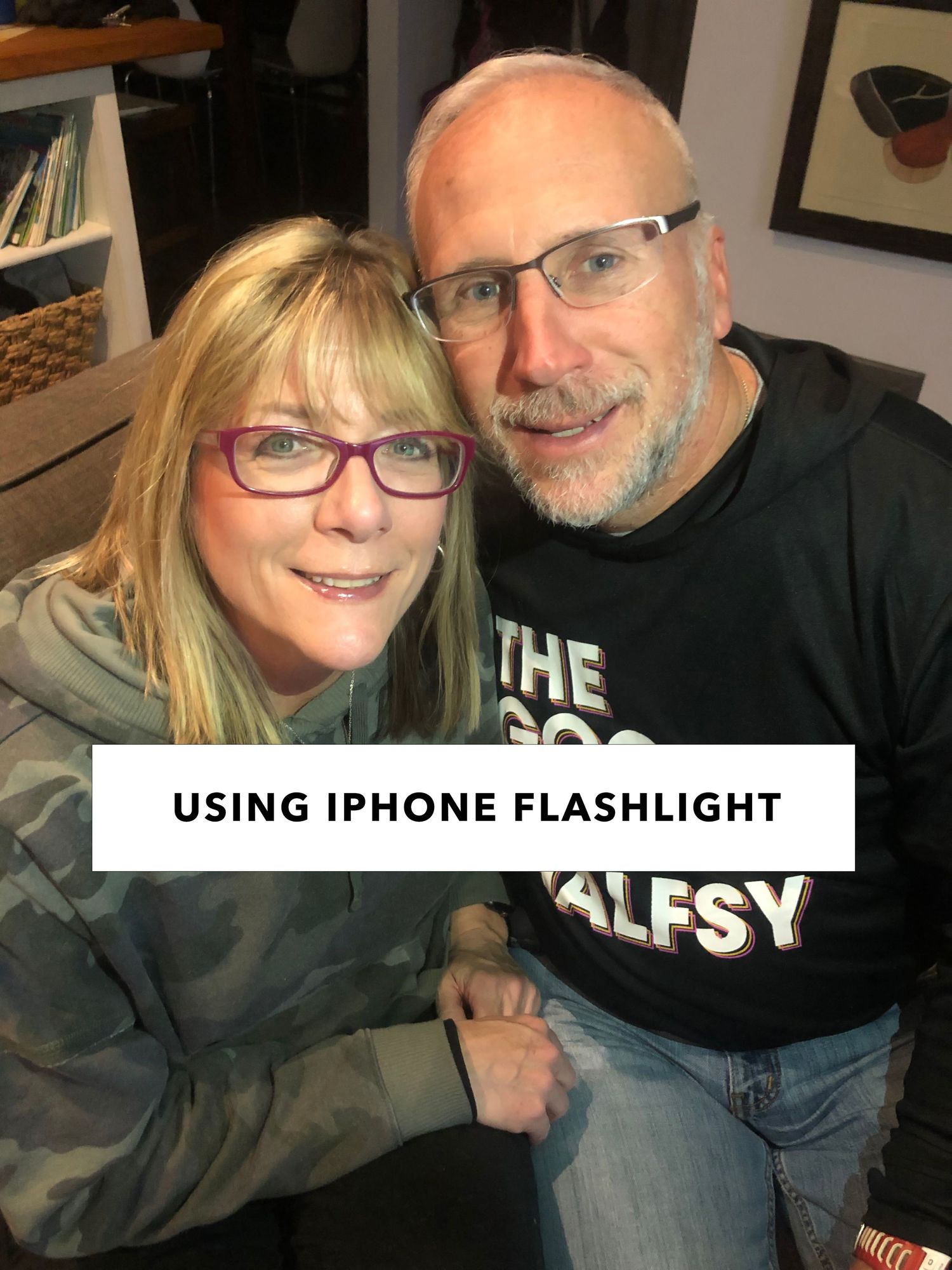 Casual indoor scene showing different iPhone flashlight settings for photography.