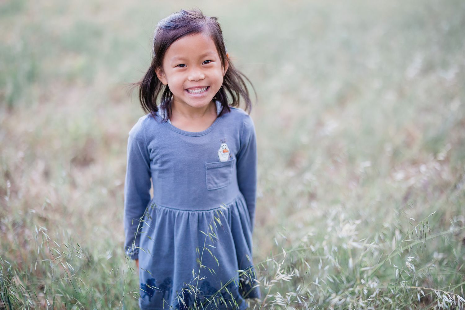 Young girl in blue dress smiling brightly in a grassy meadow.