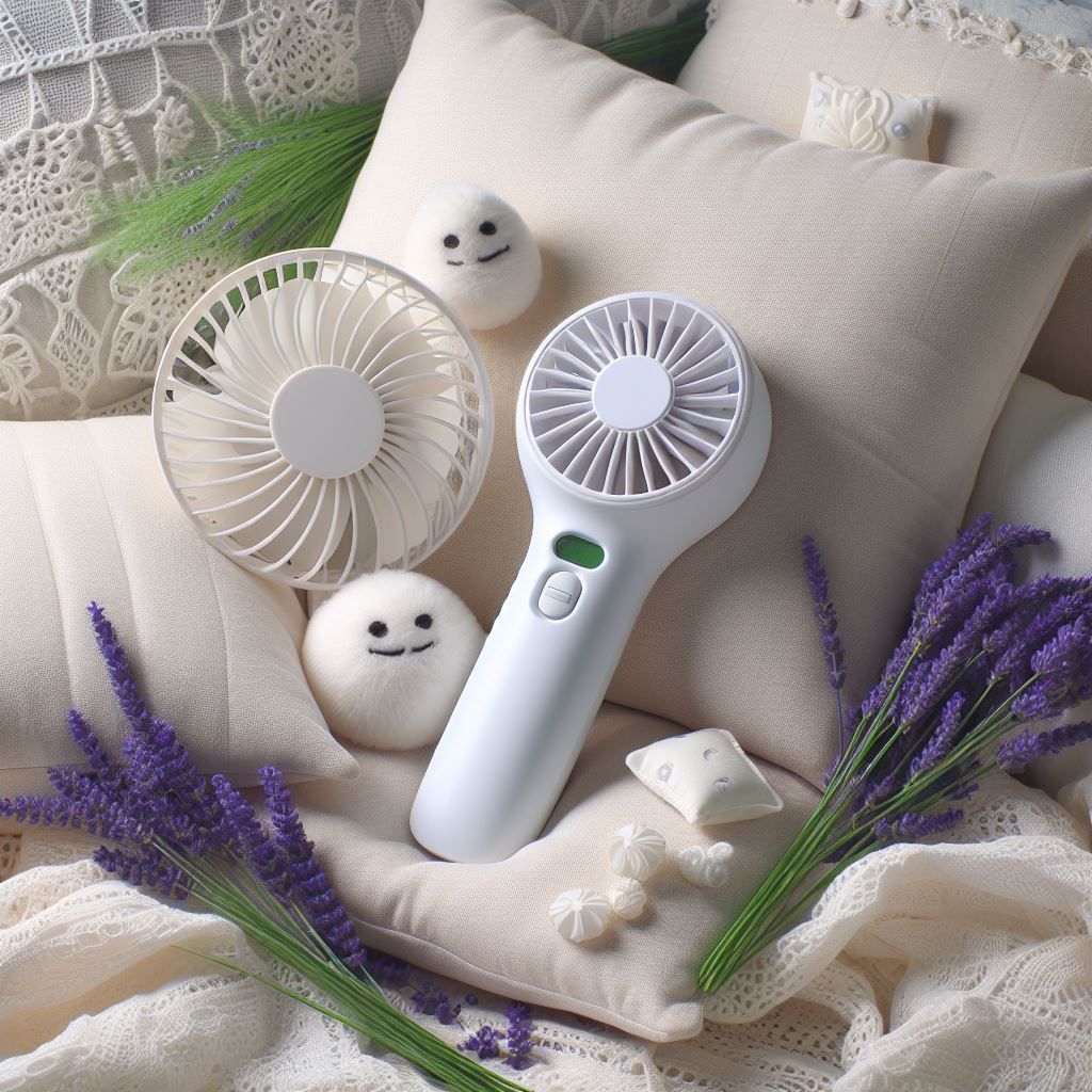 a couple of hand held fans on some pillows with decorative lavender sprigs