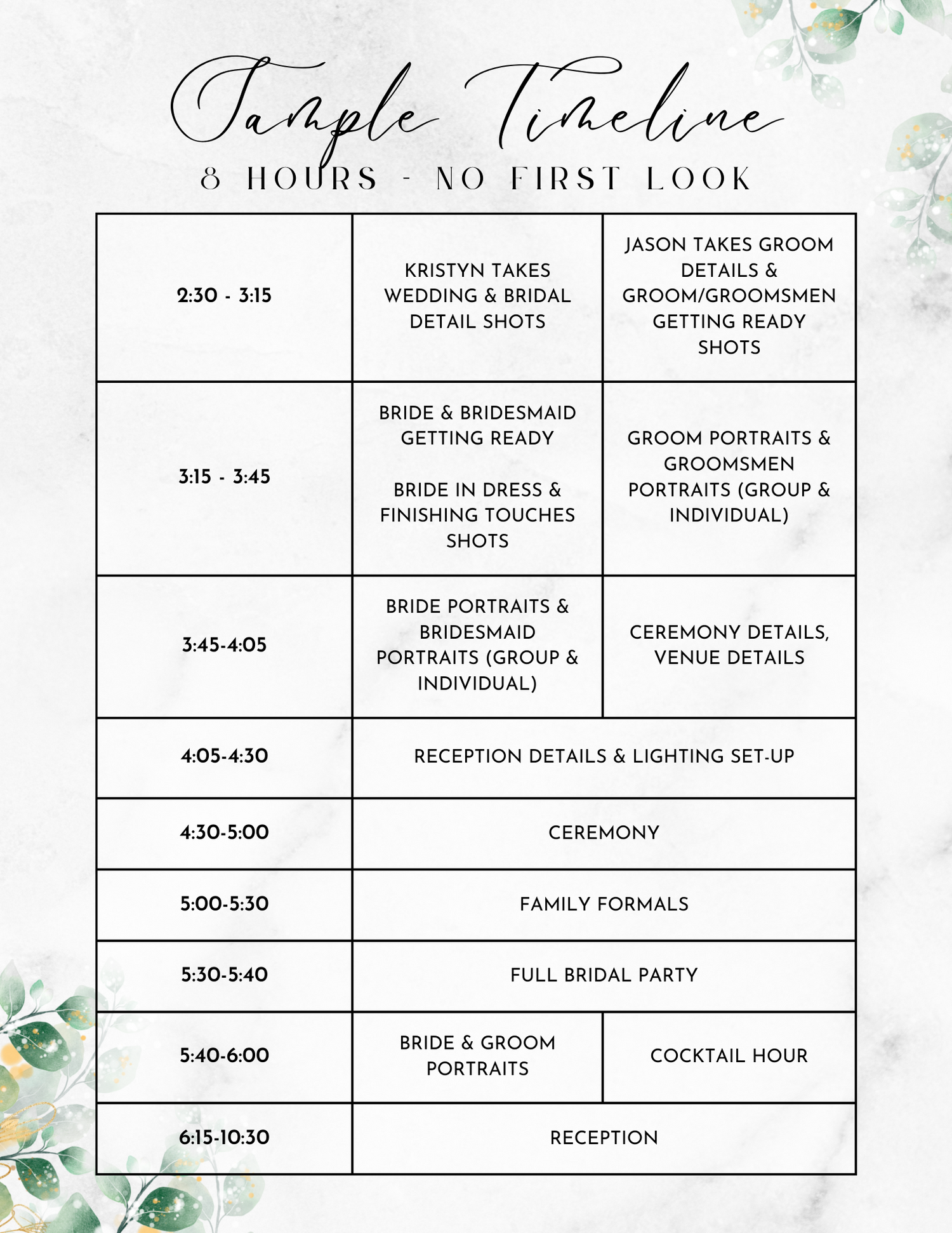Elegant wedding day timeline template with green watercolor florals and modern typography.
