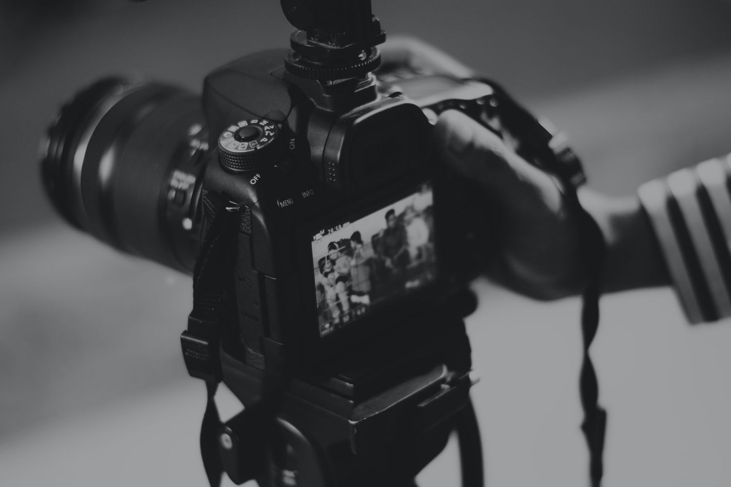 Close-up views of a professional broadcast video camera equipment setup shown from different angles.
