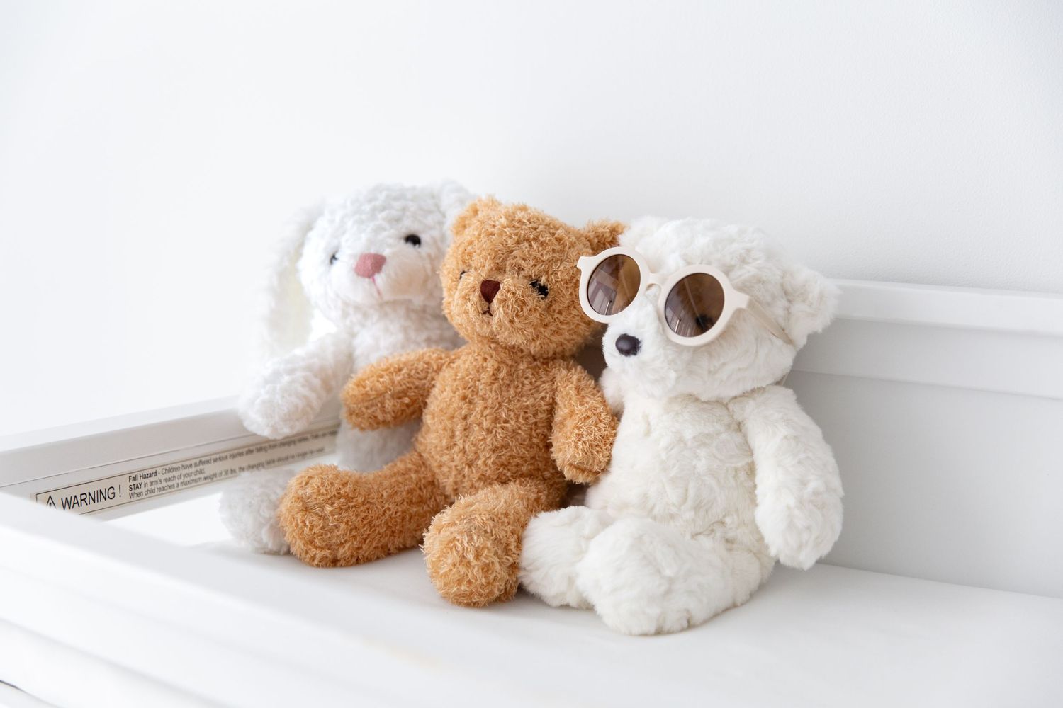 Teddy bear wearing sunglasses and a white stuffed bunny